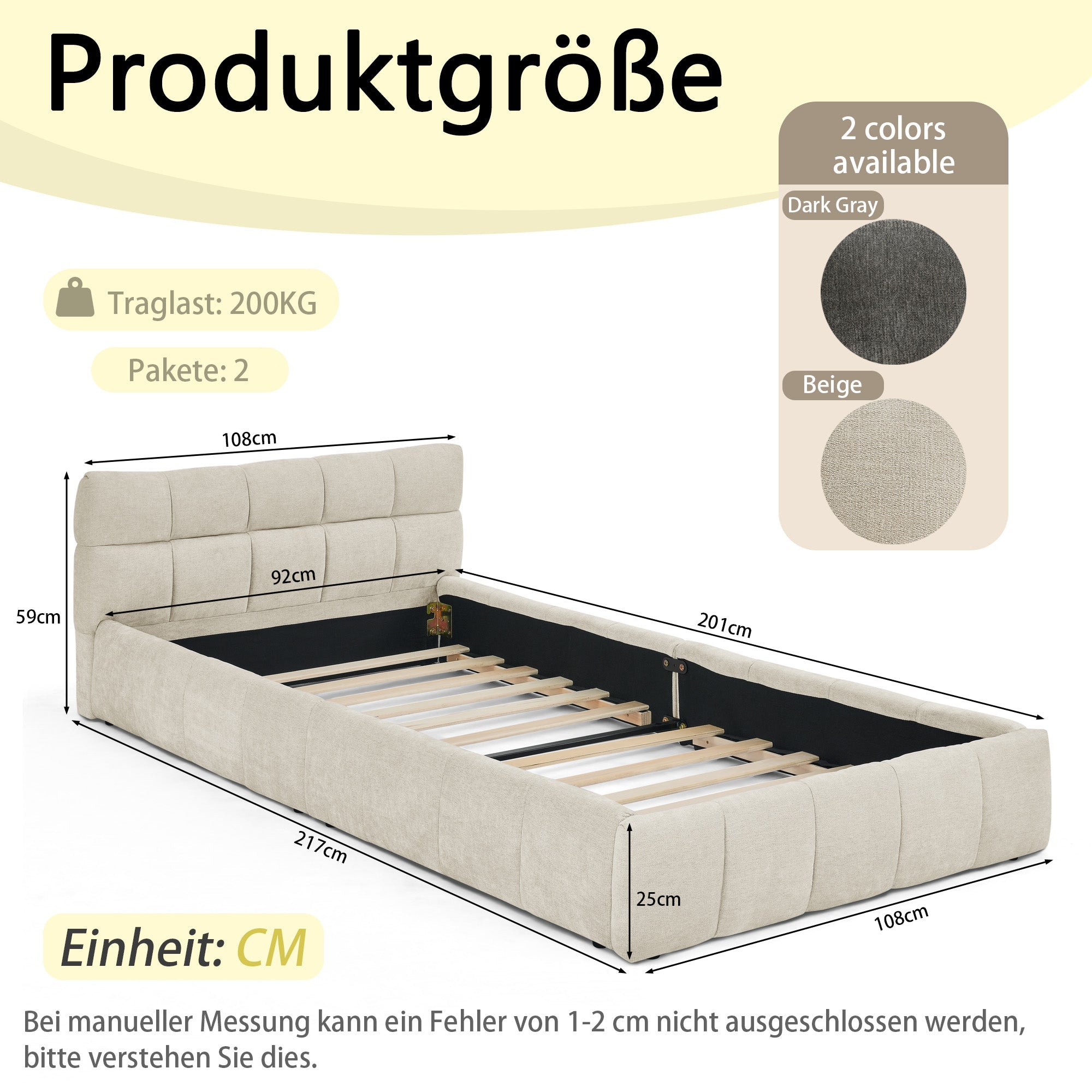 Single Bed 90x200cm Eucalyptus Wood Frame, Chenille Beige