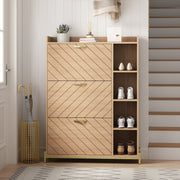 Nordic Style Shoe Cabinet with 3 Doors, Hinged Lid and Side Shelves, Oak Grain