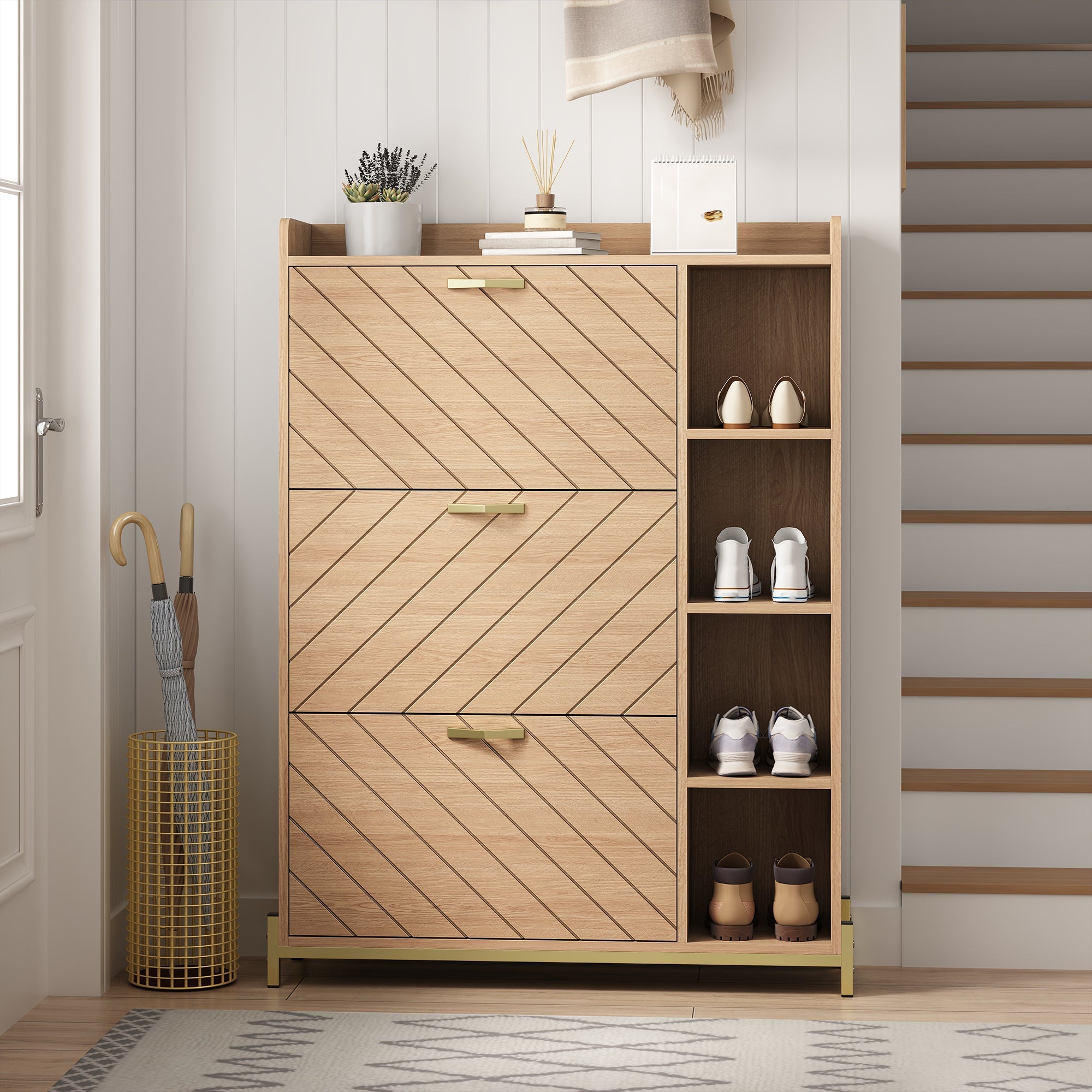 Nordic Style Shoe Cabinet with 3 Doors, Hinged Lid and Side Shelves, Oak Grain