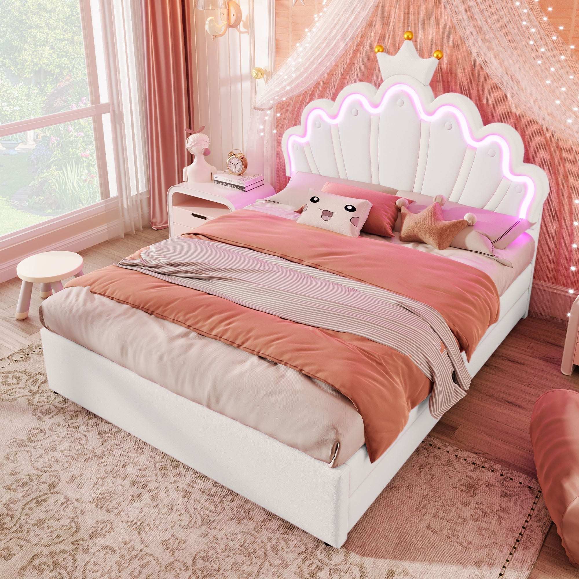Upholstered Bed 140x200cm Crown Design Ambient Light 2 Drawers Adjustable Headboard - White PU