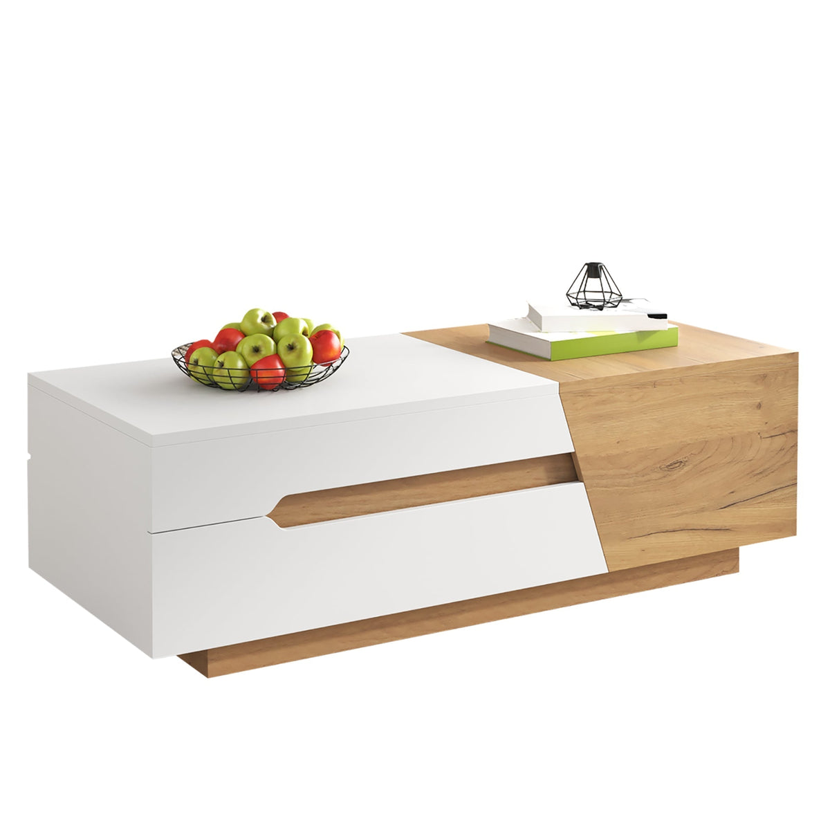 Extendable Coffee Table, Living Room Side Table with Drawers, Color Block Structure