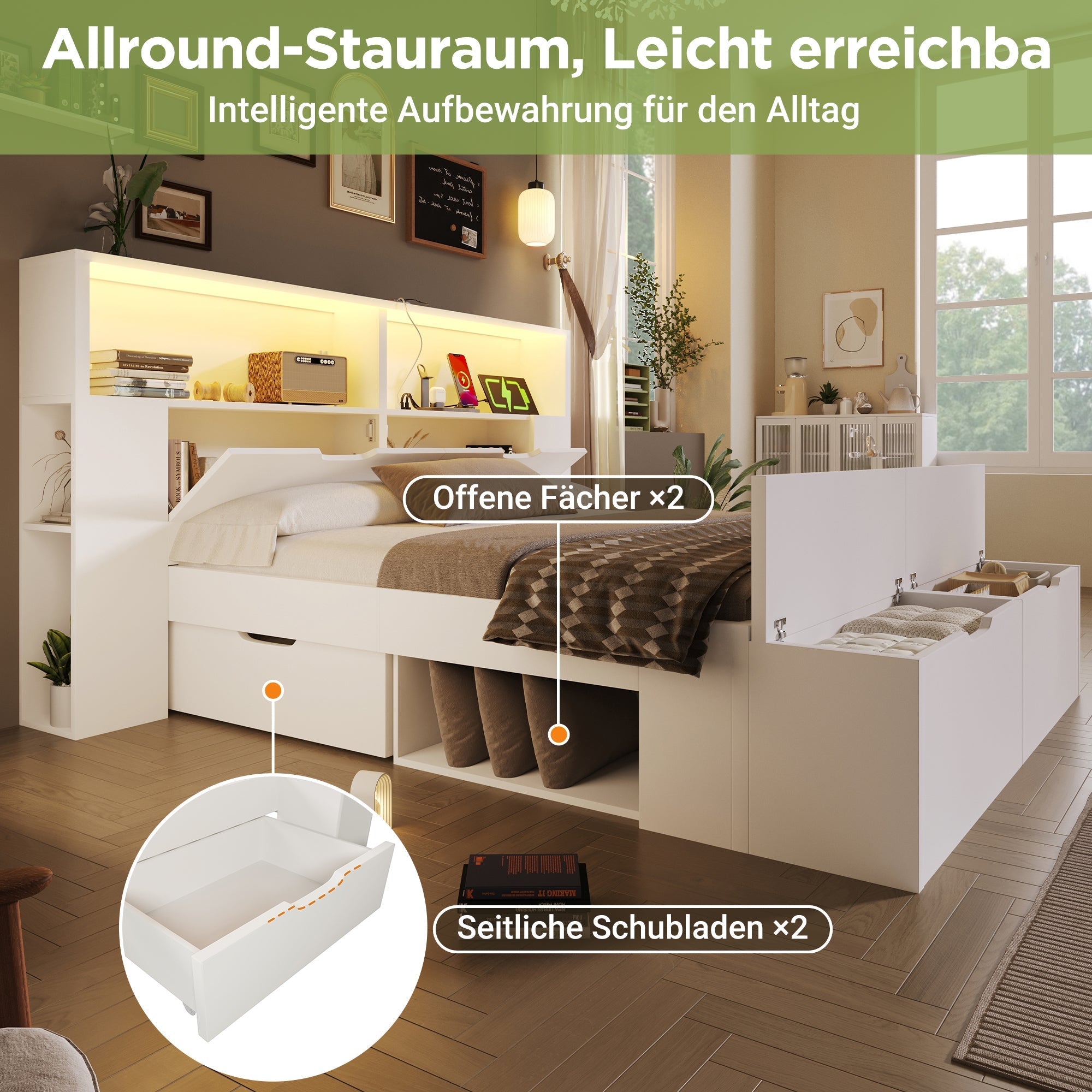 Wooden Double Bed 140x200cm Storage Drawers LED Lights USB White