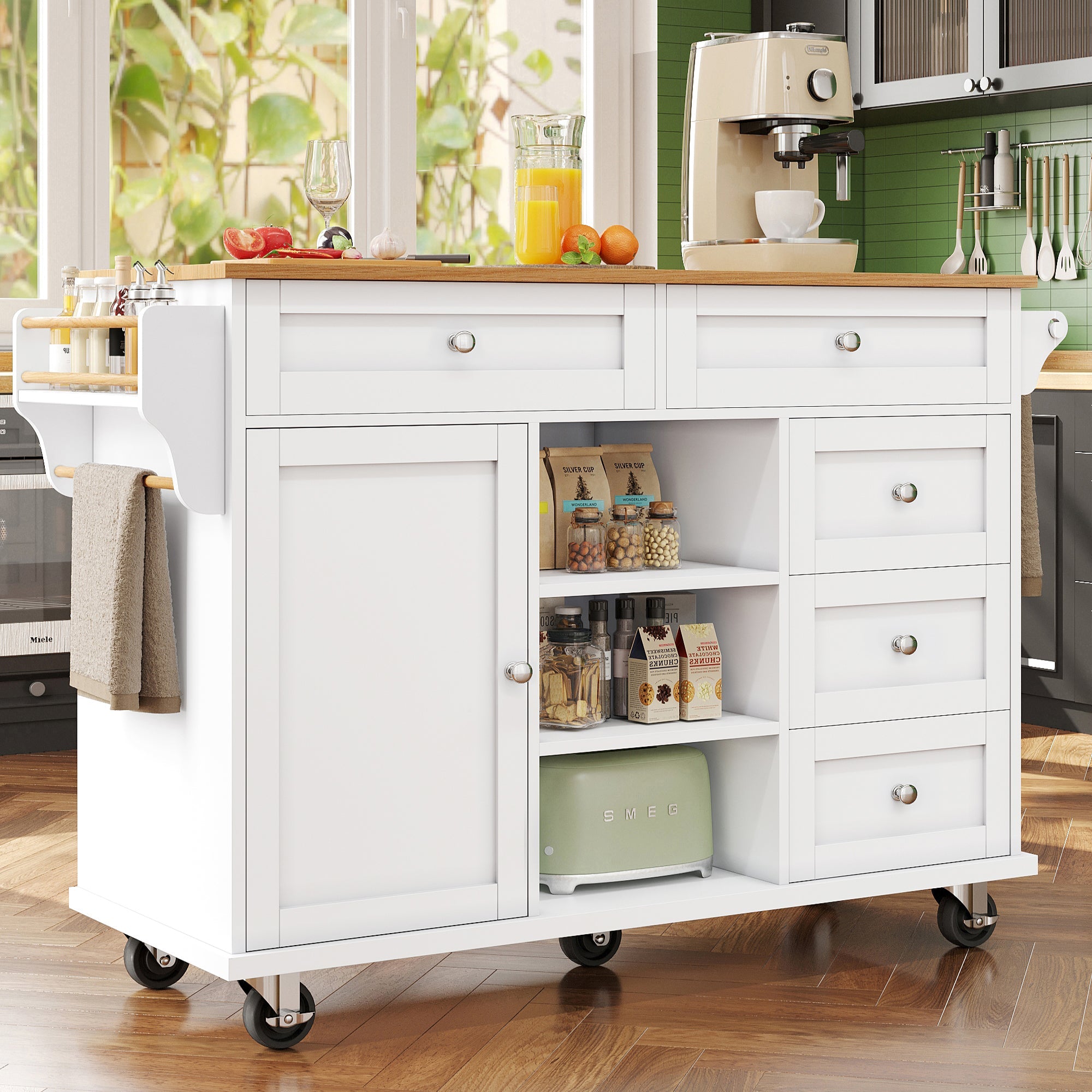 Dining Trolley, 134x46x92cm Drawer & Cabinet Storage, Mobile/Stationary Dual-Use, White