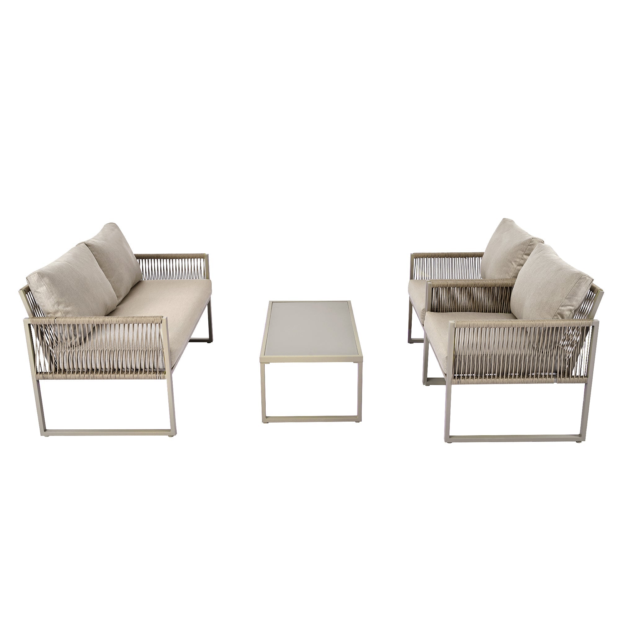 Outdoor Patio & Backyard Furniture Lounge Set for 4, Space Saving Sofa with Glass Coffee Table, Khaki