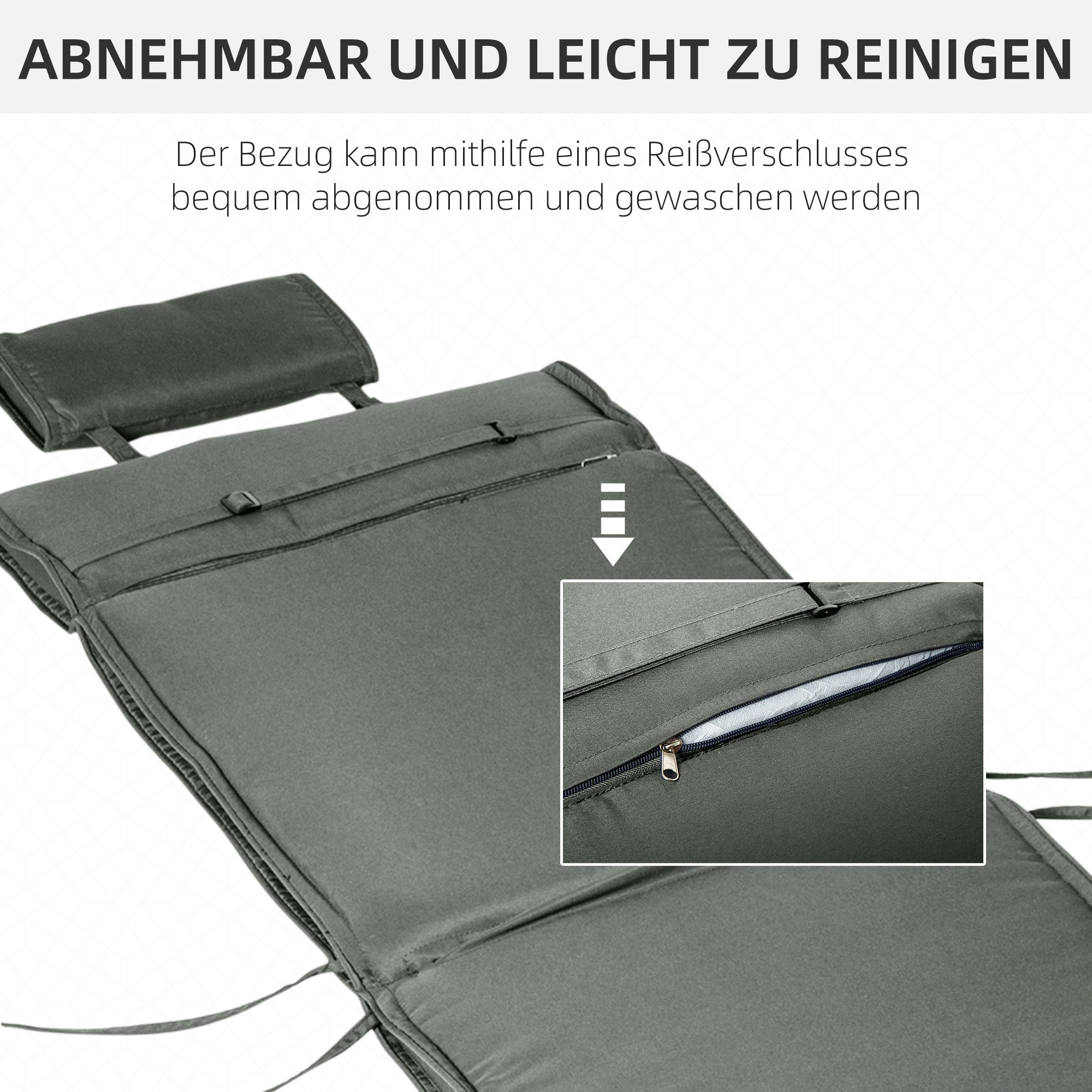 Lounger Cushion, Garden, Removable Headrest, Polyester Cotton Fibre, Grey