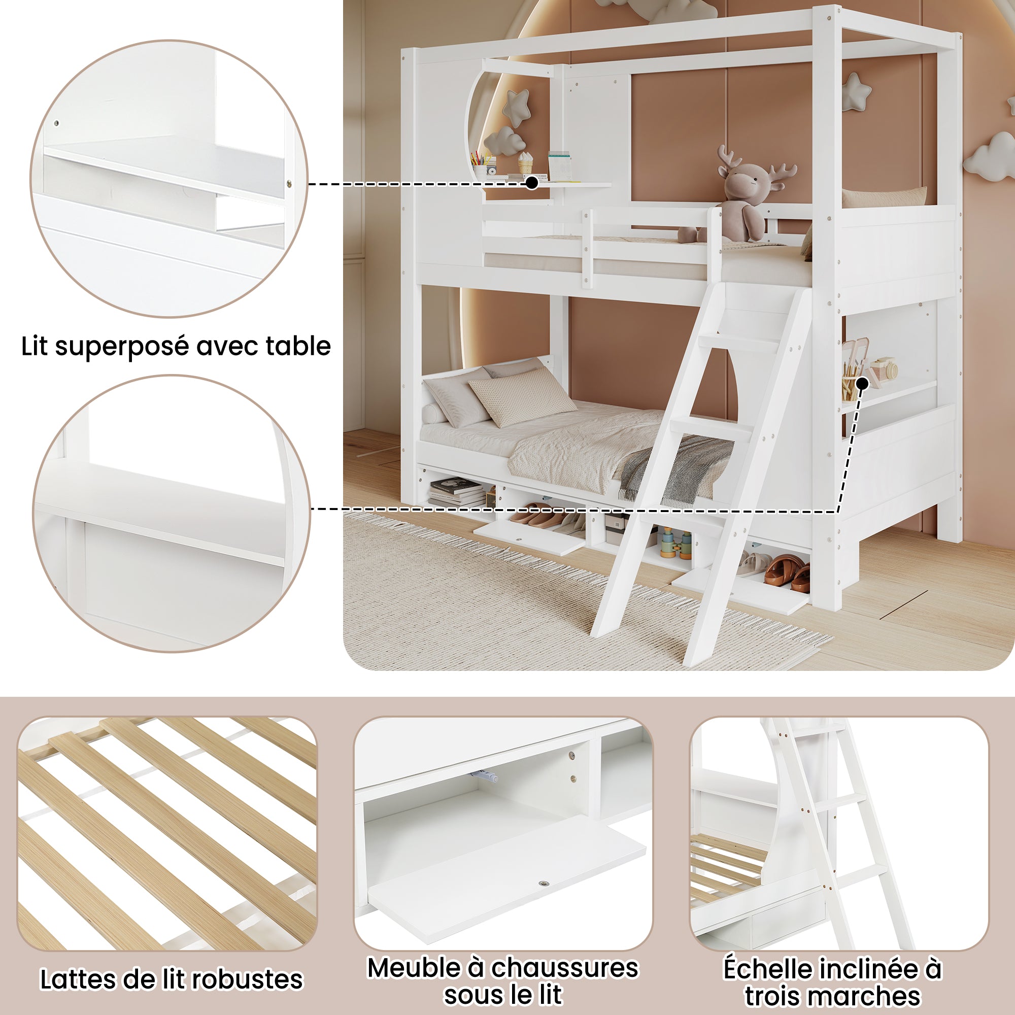 Bunk Bed with Safety Gate, Table, Shoe Cabinet, Ladder, Pine+MDF+Plywood, White
