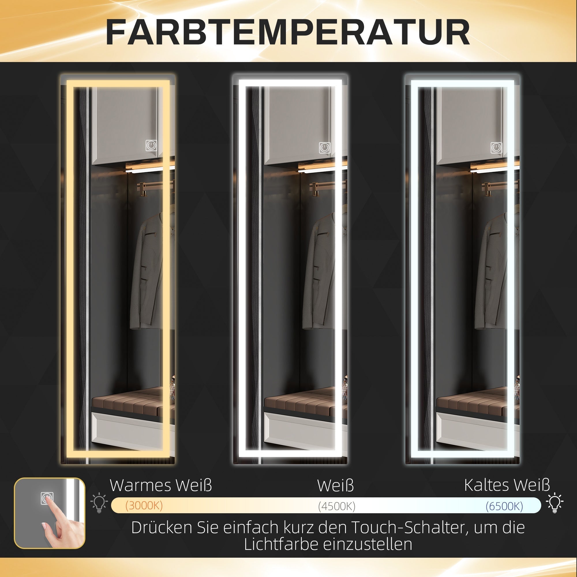 Wall Mirror Full Length LED, 3 Light Bars, Silver