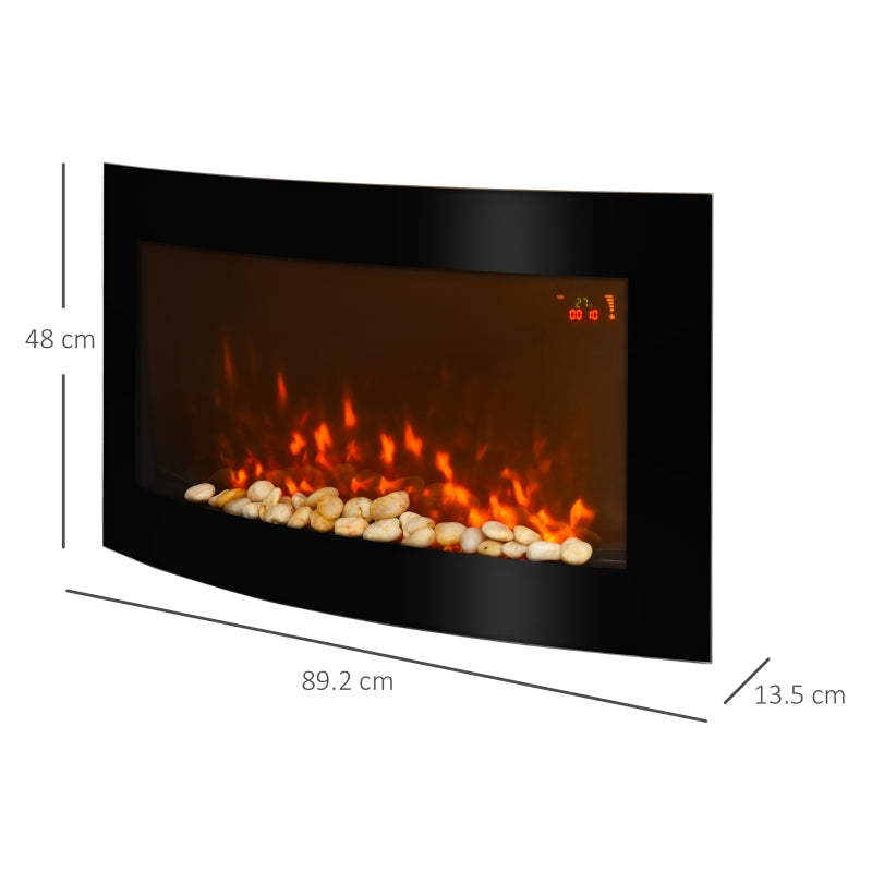 Led Wall Mounted Fireplace, Curved Glass Slimline 1000/2000W 7 Colour Side Lights, Electric Fire Place