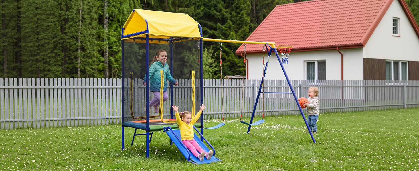 Multifunctional Outdoor Swing Set with Trampoline, Slide and Basketball Hoop, Sturdy Iron Frame