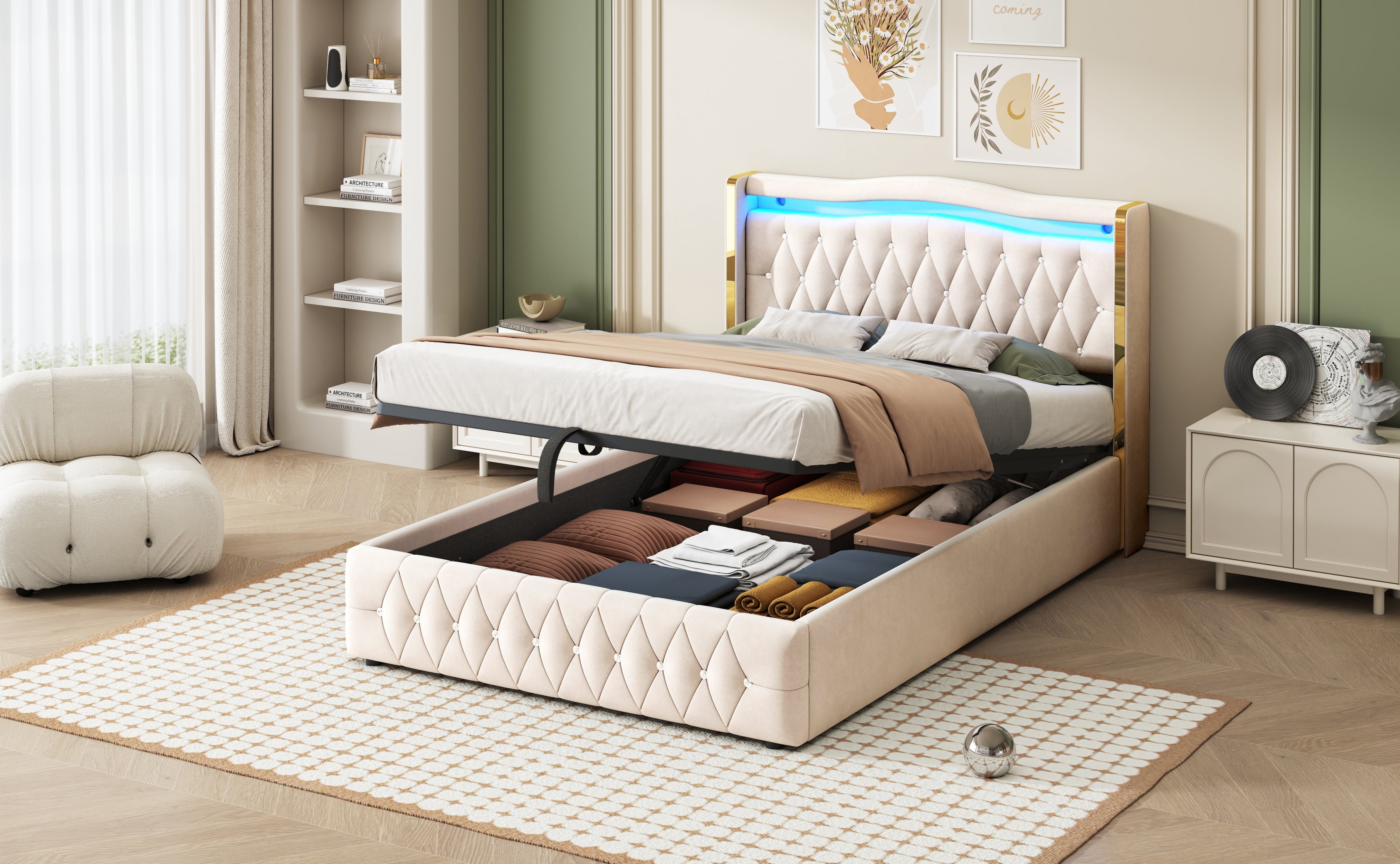 Upholstered Bed, 140x200cm, LED, Hydraulic Storage, Velvet Fabric, Beige