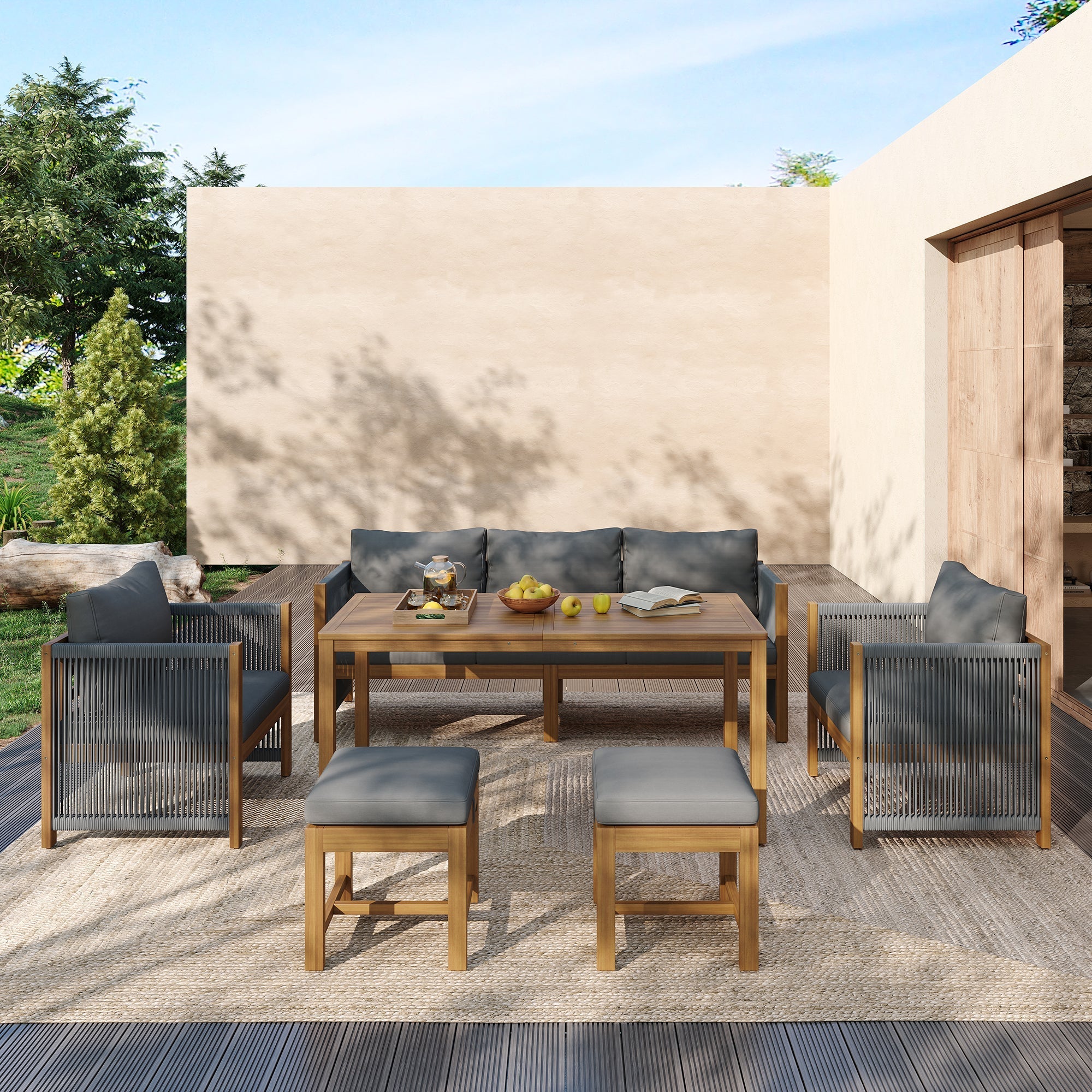 6-Piece Garden Furniture Set with Sofa, Stools and Acacia Tabletop, Grey