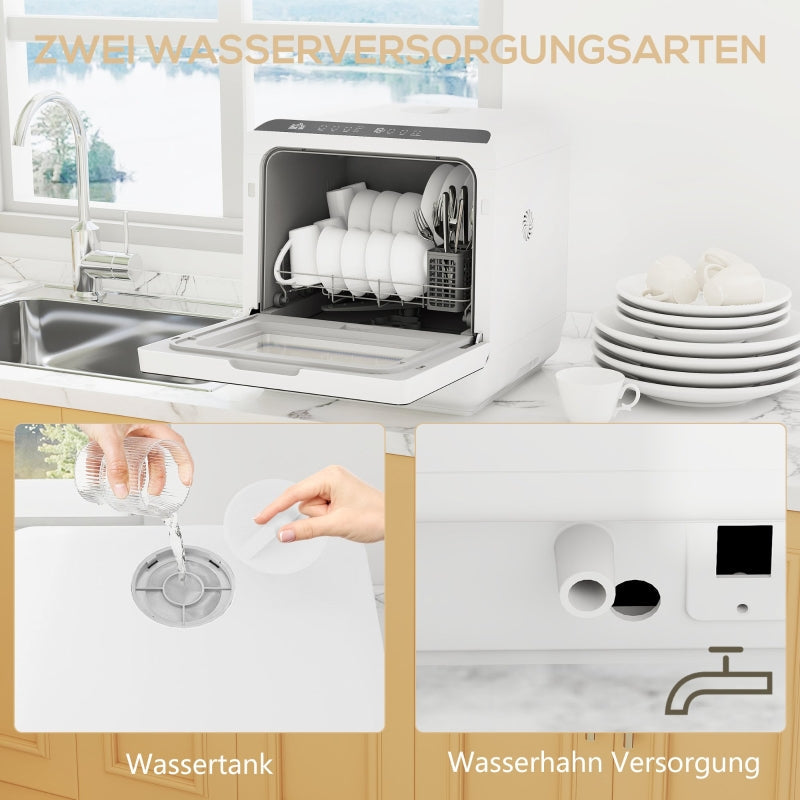 Countertop Dishwasher, Mini 6-Liter Tank 5 Programs LED Display Drying Function, White