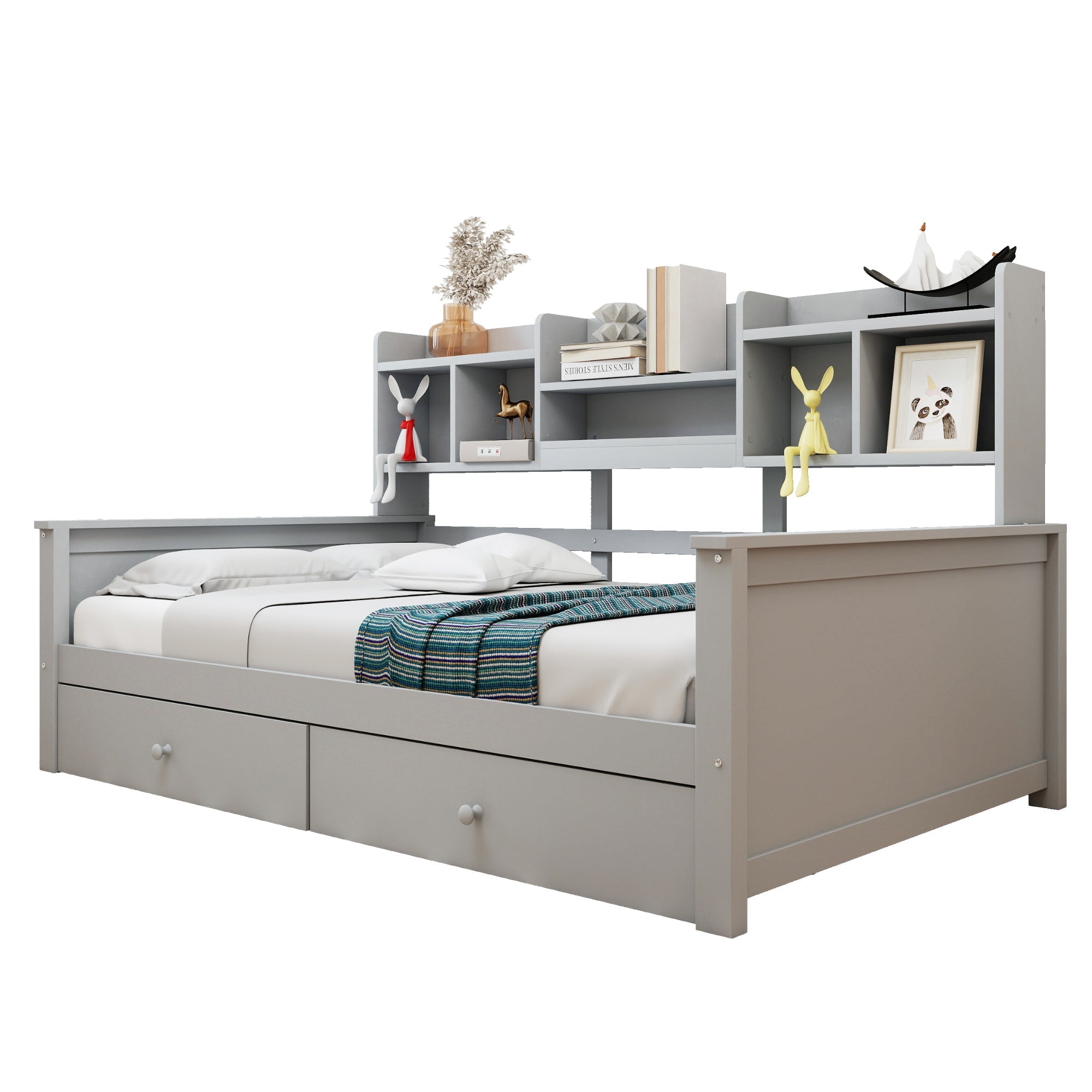Single Sofa Bed 90x200 with Drawers, Shelves and Slatted Frame, Solid Wood Grey