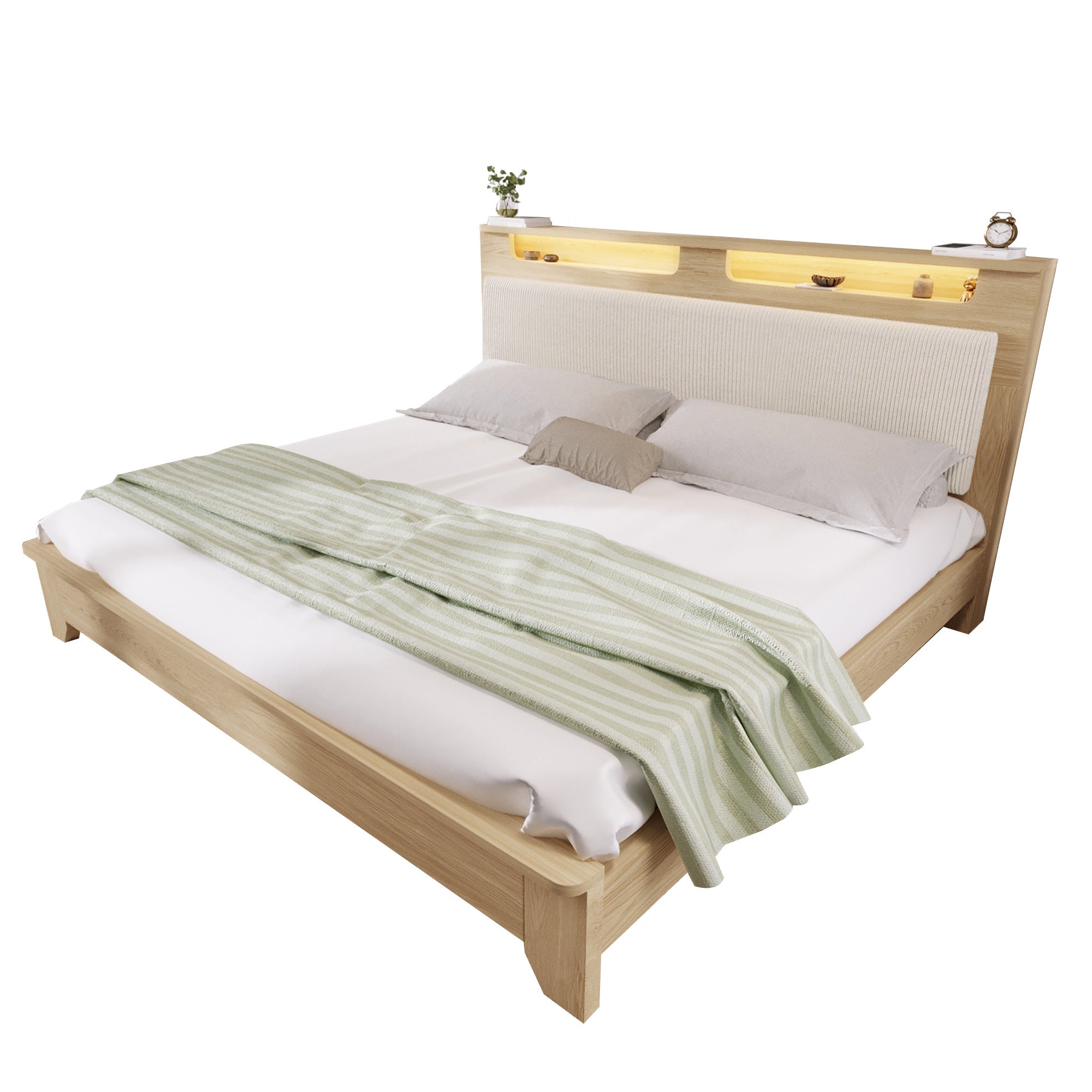 Double Wooden Bed, 160x200cm LED Headboard with Storage, Light Oak