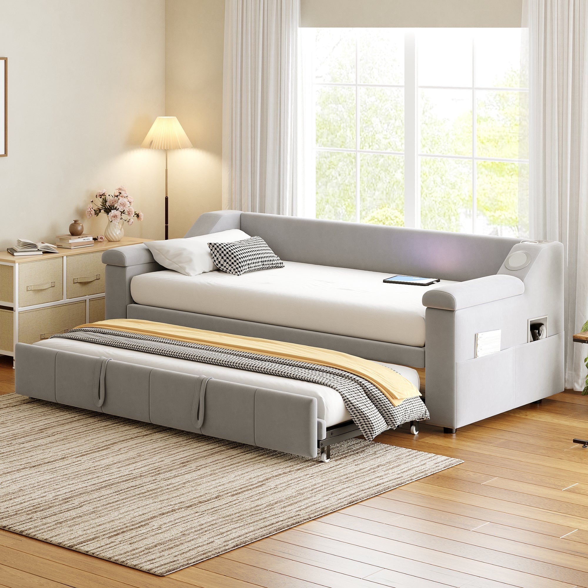 Sofa Bed, Bluetooth Stereo, Storage, Slatted Frame, Light Grey Velvet