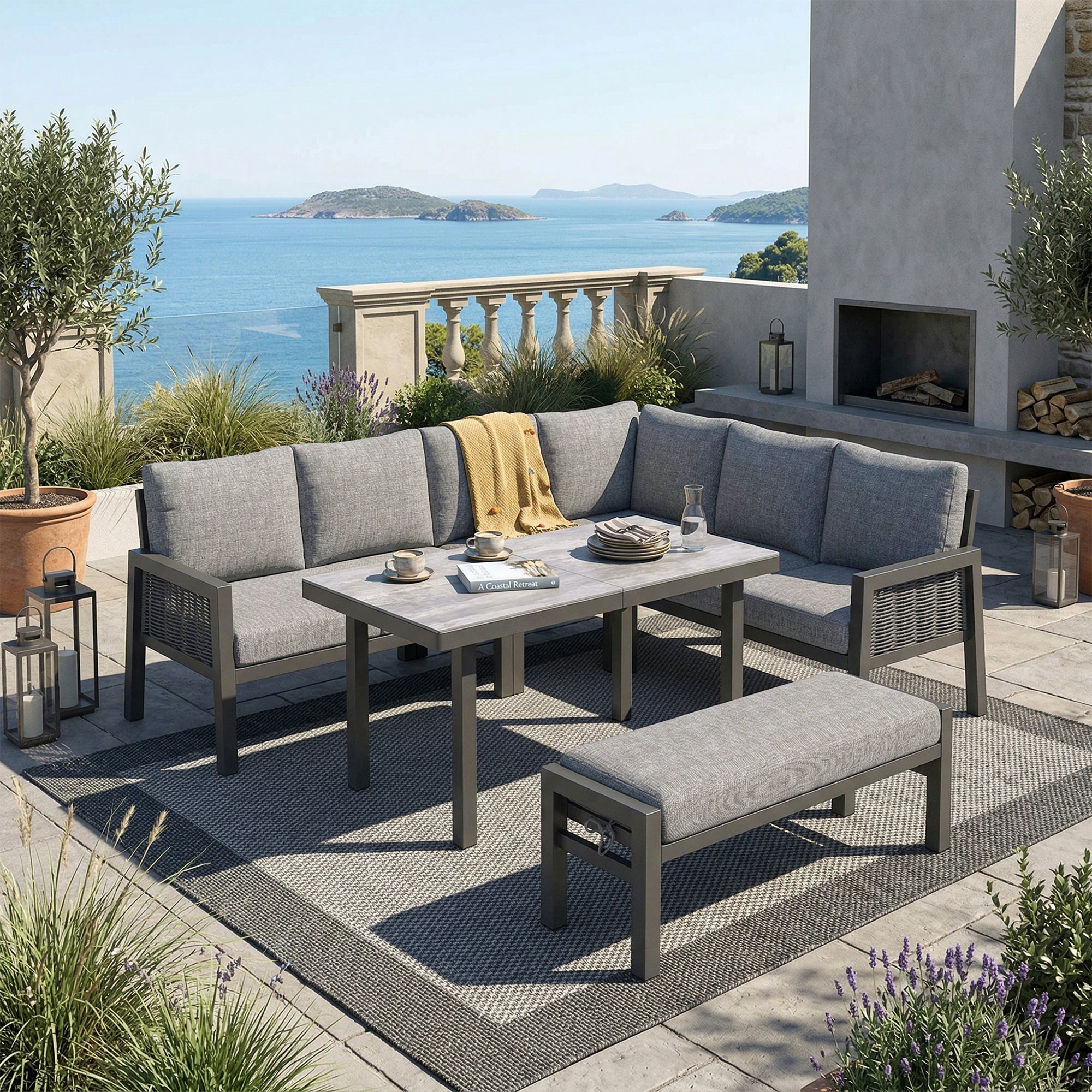 Garden Dining Set, 8 Person Corner Furniture with Glass Table and Benches, Grey PE Braided Rope