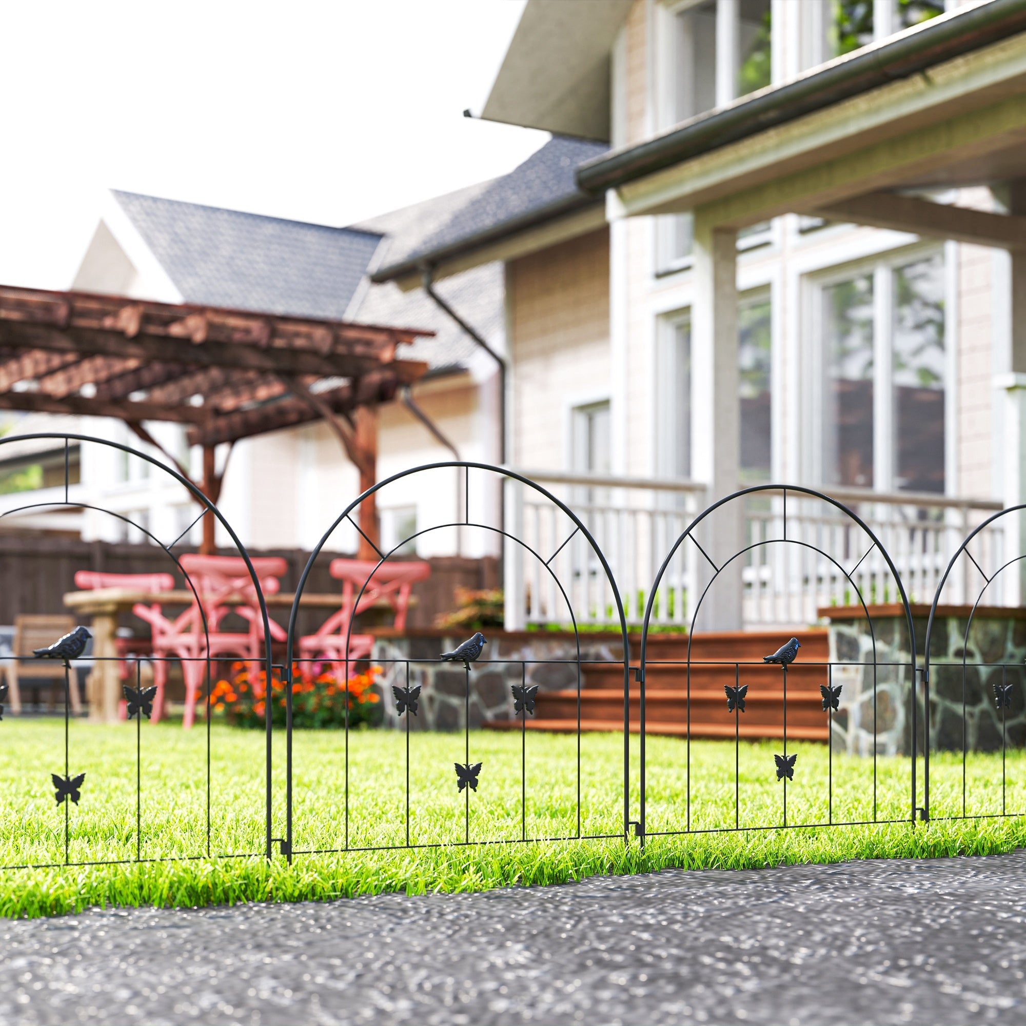 Garden Fence Set, Decorative Mesh 300x70cm Arched Top Barrier, Steel Black