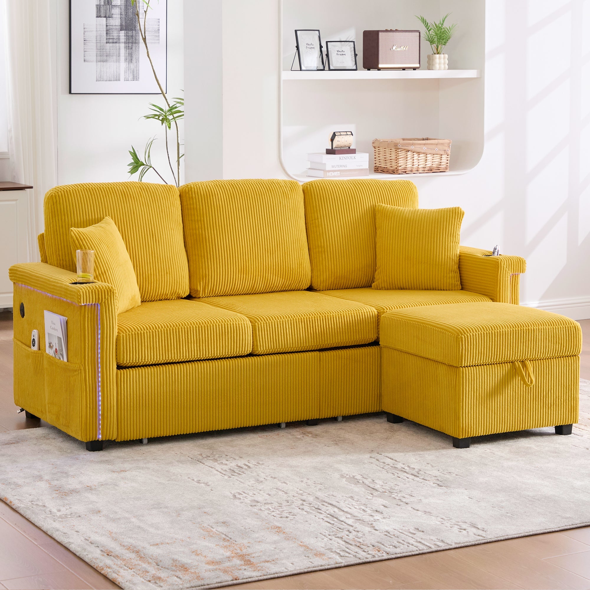 Velvet Sofa, LED Lighting, USB-C Port, Storage Footrest, Cup Holders, Side Pockets, Mustard Yellow
