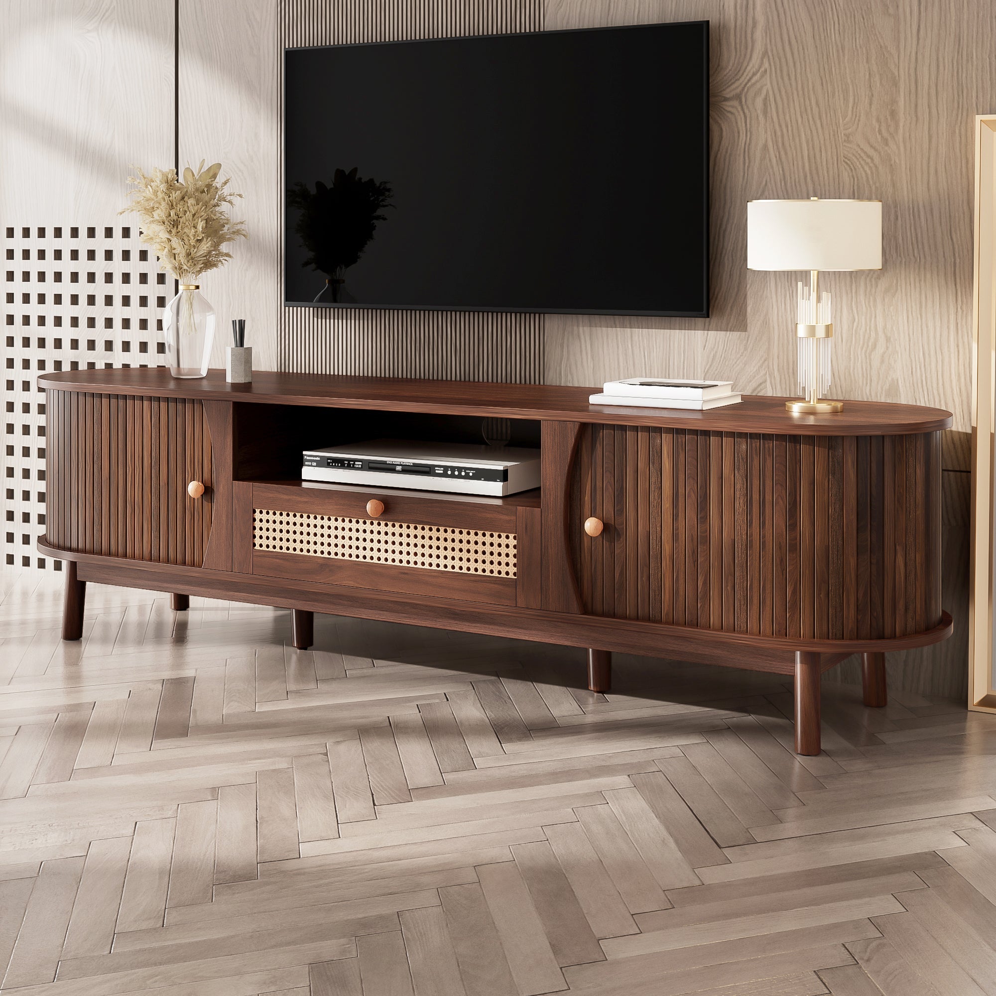 TV Cabinet with Doors and Drawers, Low Storage Solution, Rattan/Solid Wood