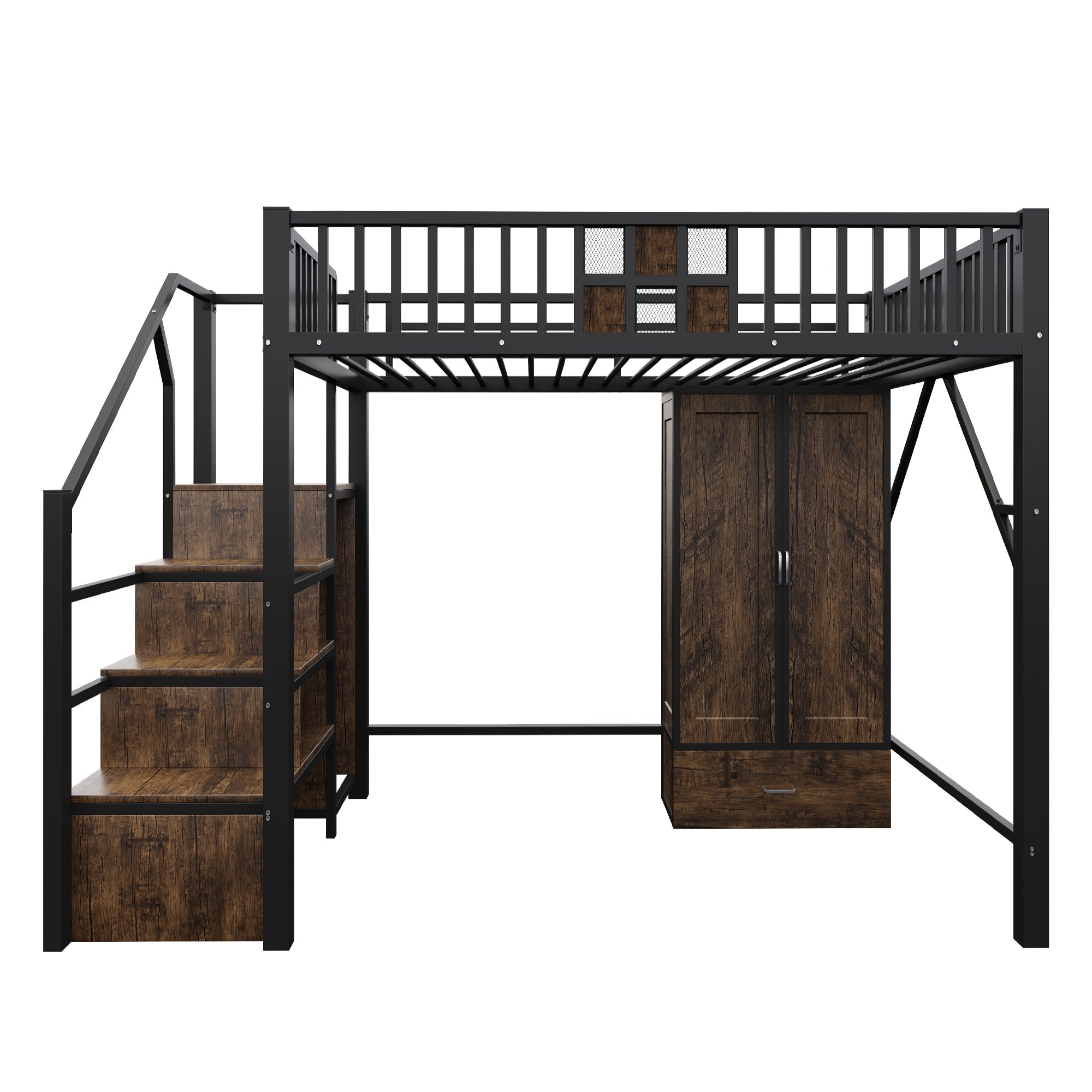 High Loft Bed with Wardrobe, Storage Ladder and Metal Frame, Black Metal and Wood