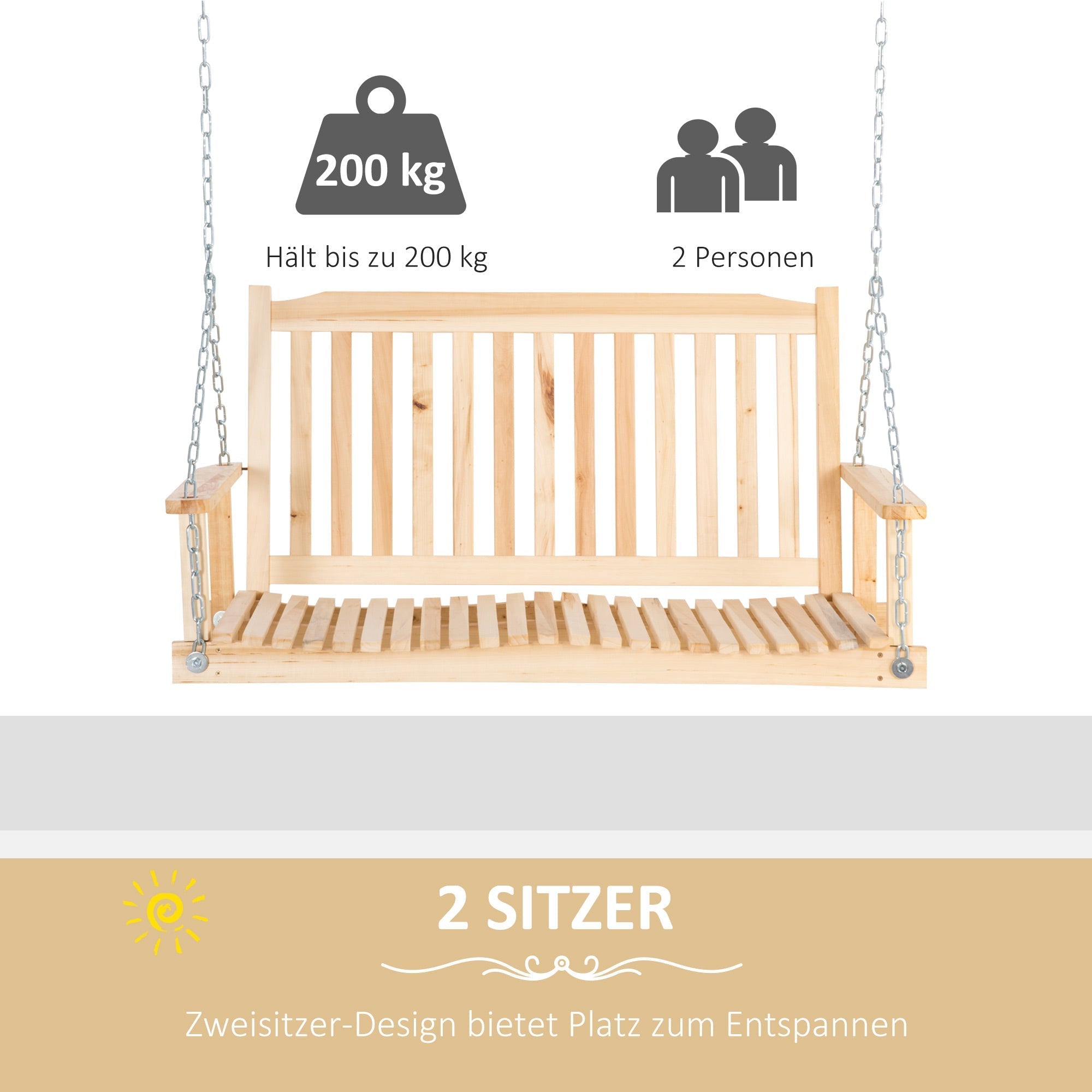 Garden Swing 2-Person Hanging Bench for Patio Solid Wood Rustic Design