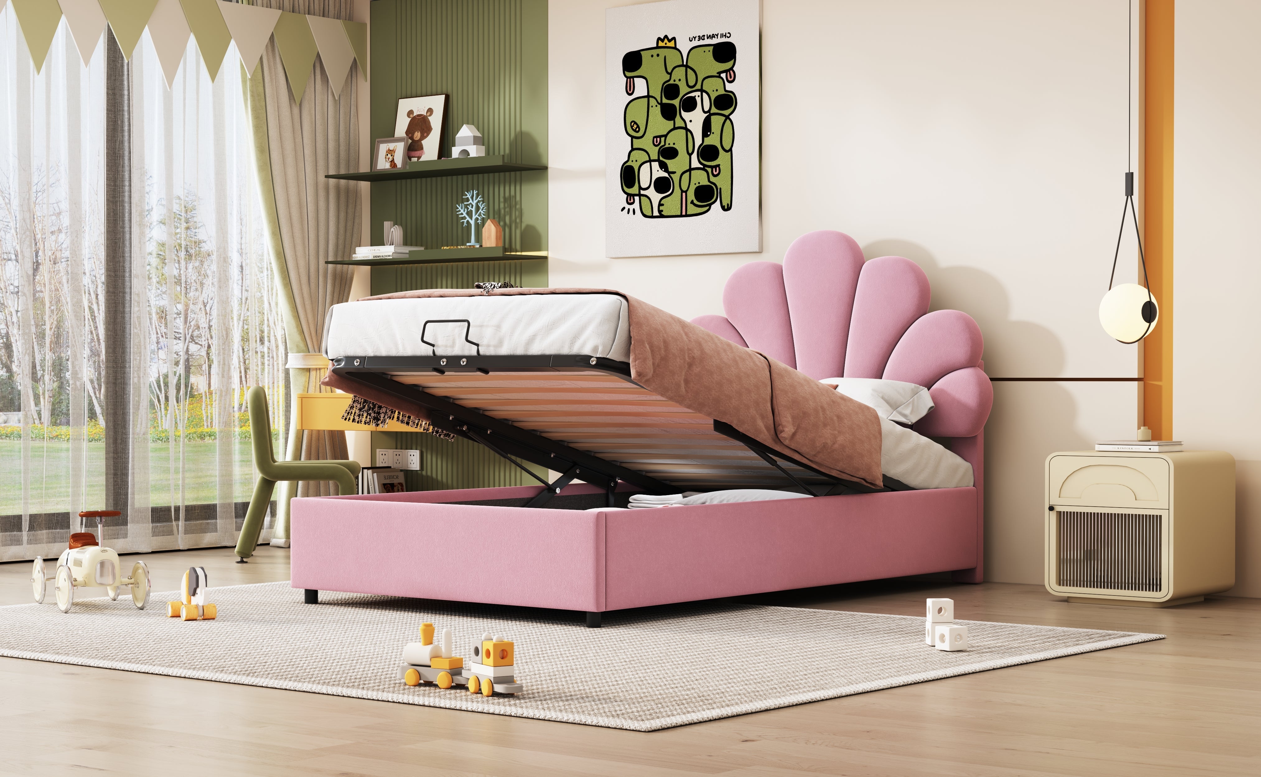 Upholstered Children's Bed 90 x 200 cm, Floral Headboard, Hydraulic Storage, Pink Velvet