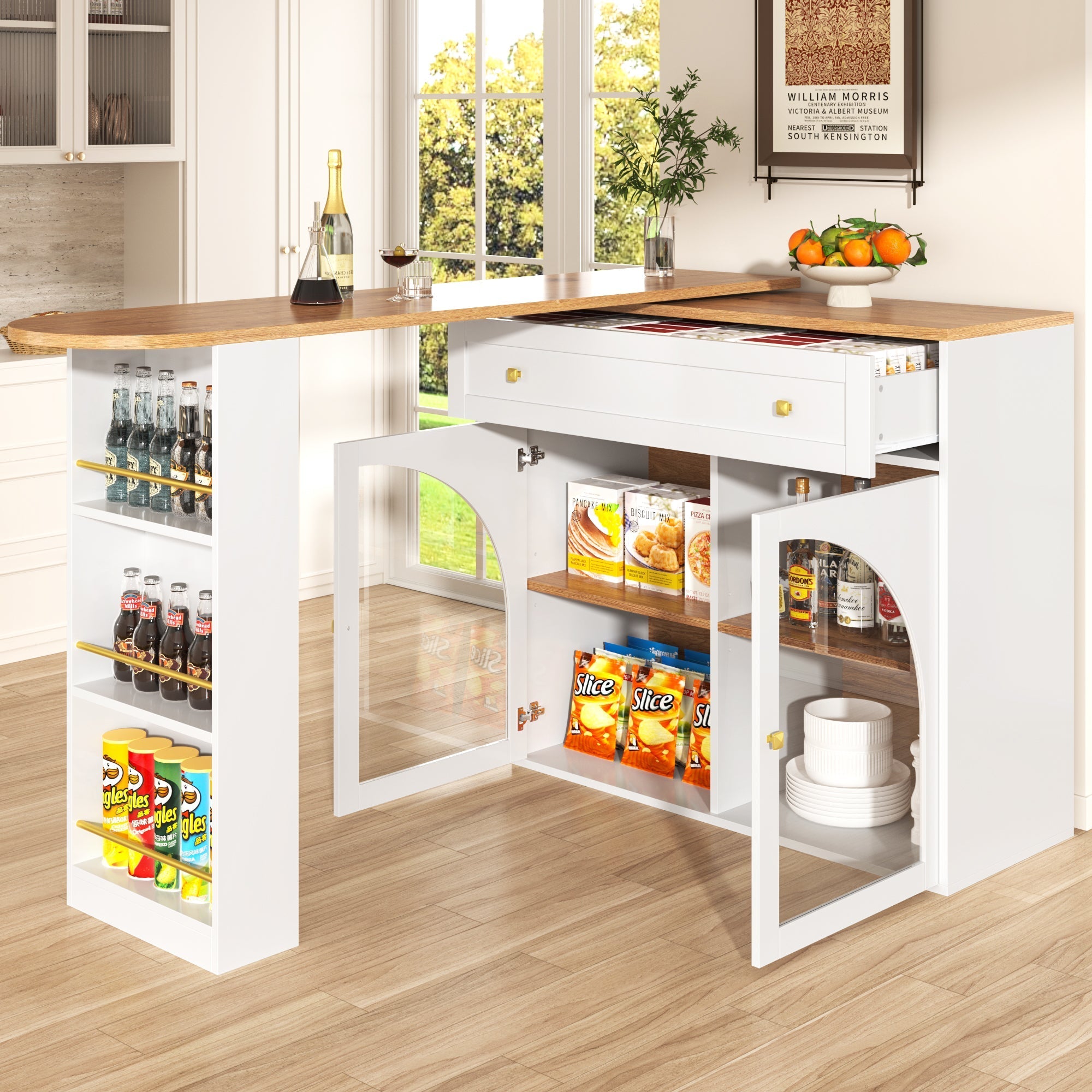 Bar Table Extendable 360° Rotating Storage with Shelves & Glass - White