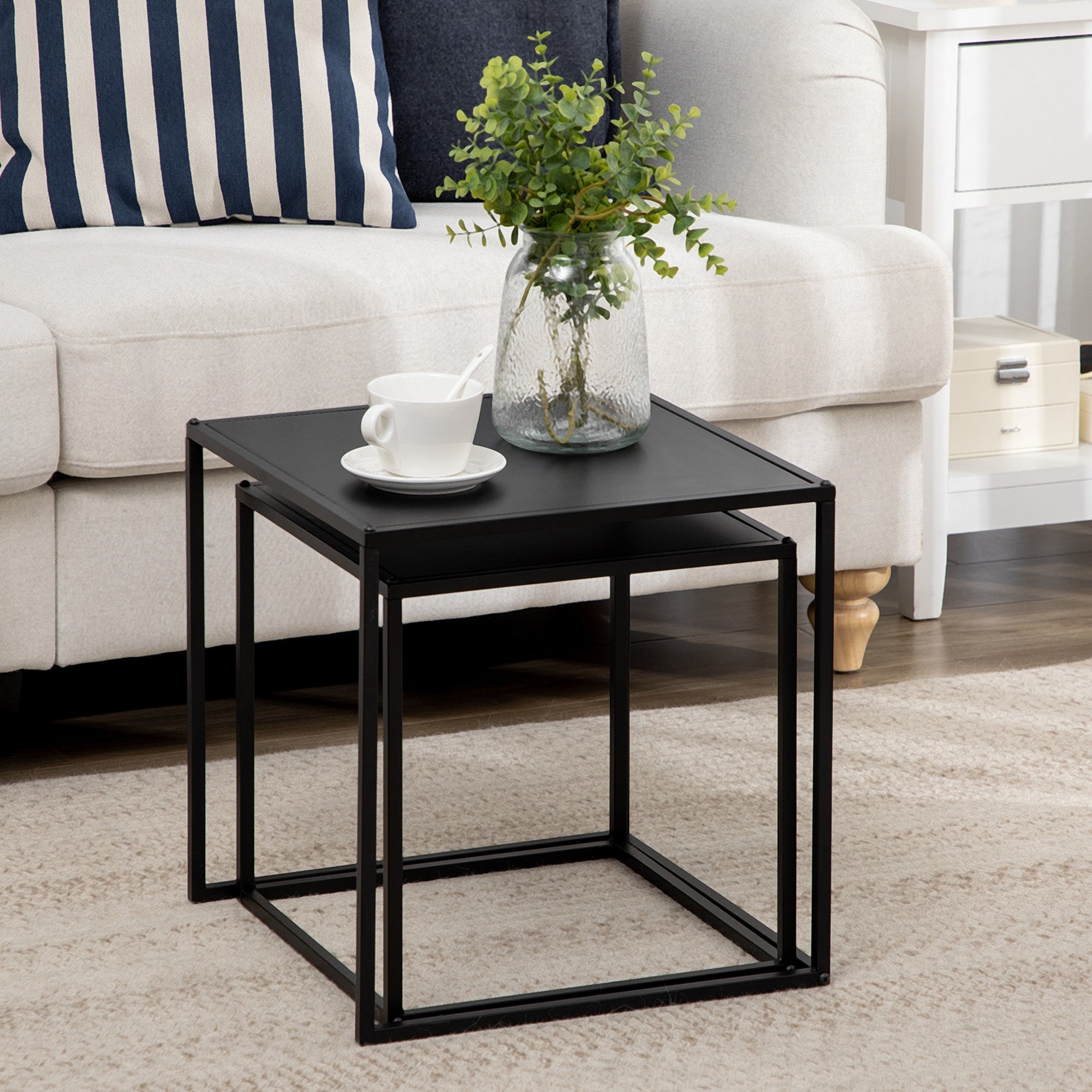 Couchtisch-Set, 2 Beistelltische, modernes Stahl-Design, Schwarz