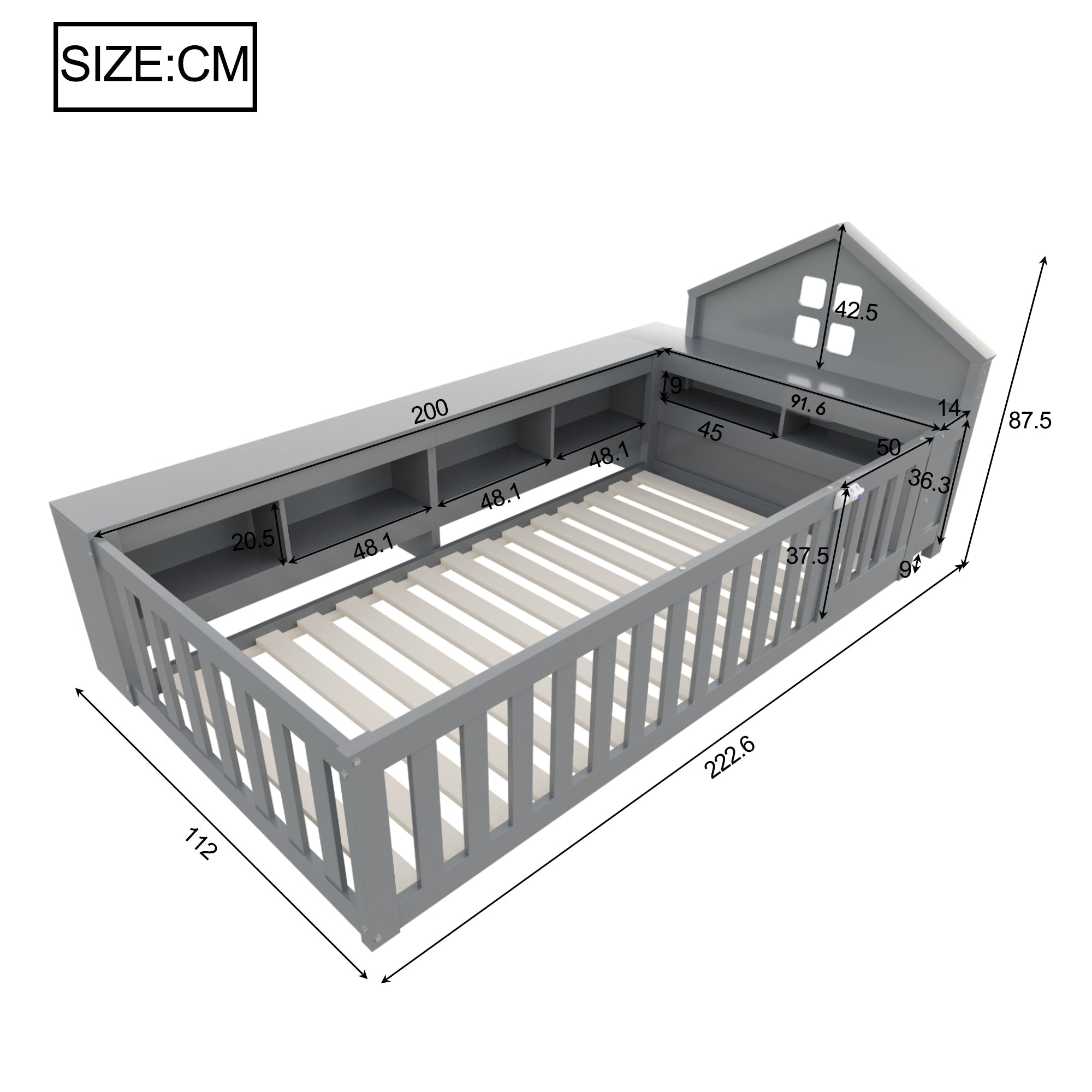 Children's Bed 90x200cm, Roof & Window, Storage, Safety Gate & Door, Solid Wood, Grey