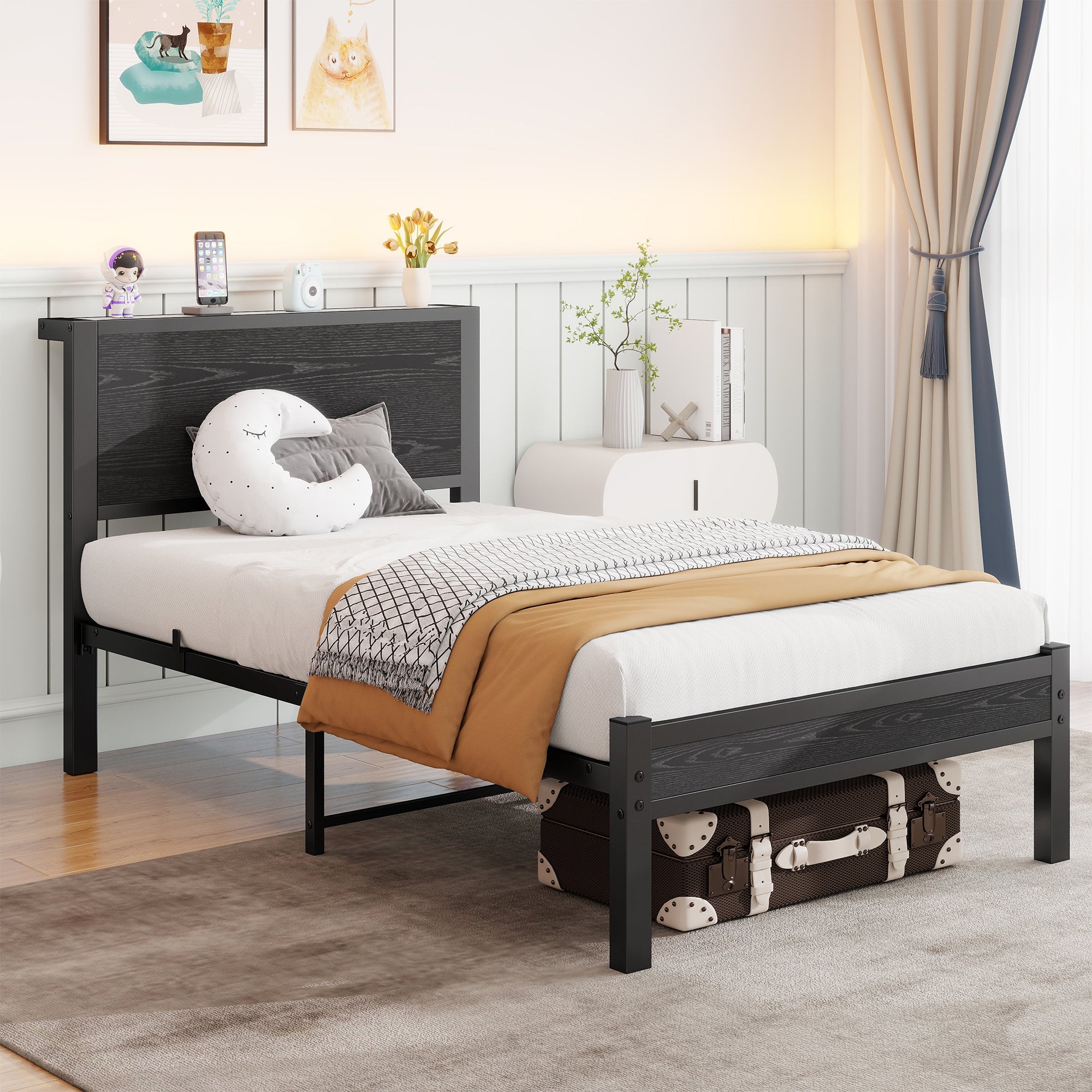Single Metal Bed Frame 90x200cm, Storage Headboard, Noiseless Platform - Black