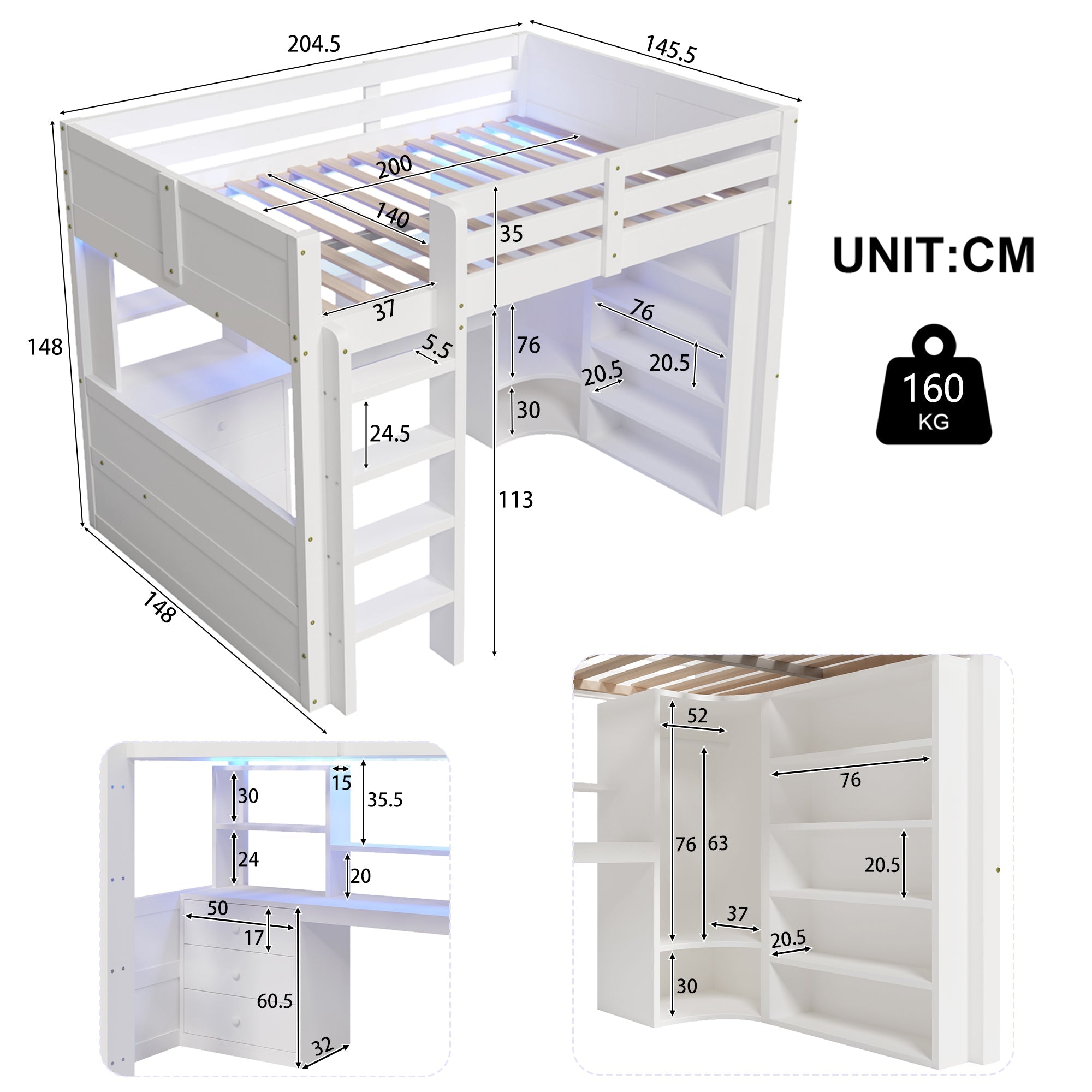 Loft Bed 140x200cm with LED Lights, Wardrobe, Desk, Drawers, Storage, White