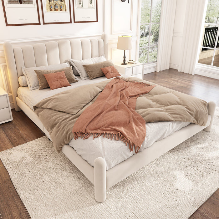 Upholstered Bed 180x200cm Slatted Base Fan-Shaped Headboard Beige Velvet