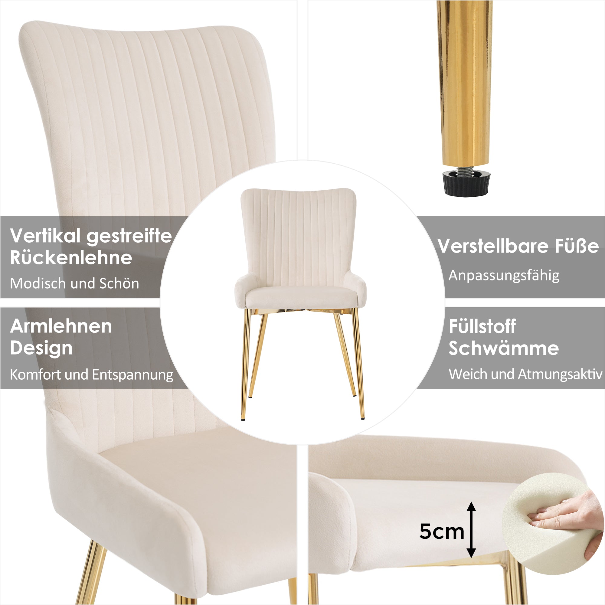 Velvet Dining Chair Set of 6 with Gold Metal Legs and Lumbar Support, Beige