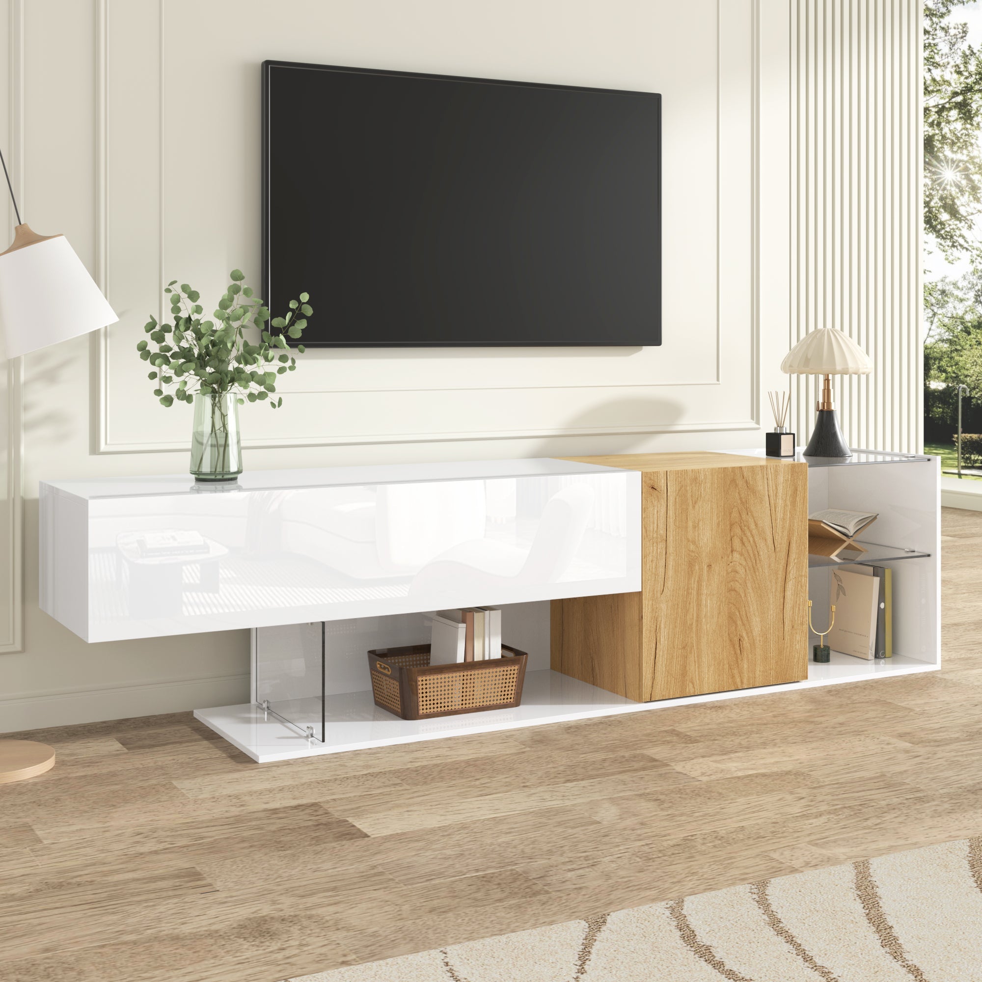 TV Cabinet, Modern High-Gloss with Glass Shelves, White Wood