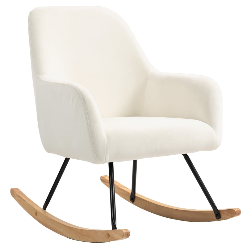 Rocking Chair Recliner with Armrests & Wooden Runners, Velvet Cream White