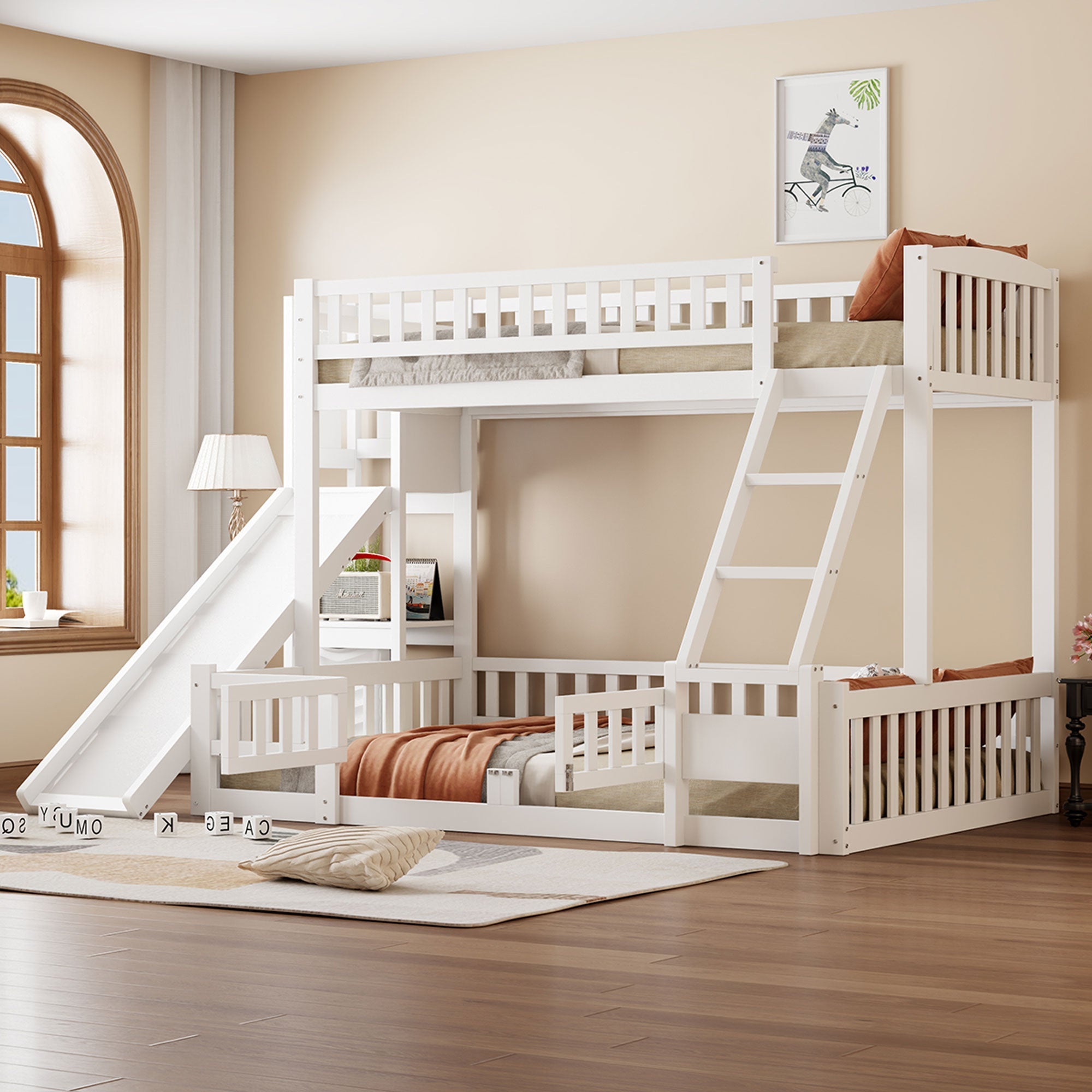 Bunk Bed 90/140x200cm Slide Steps Storage Shelves - White Pine Wood