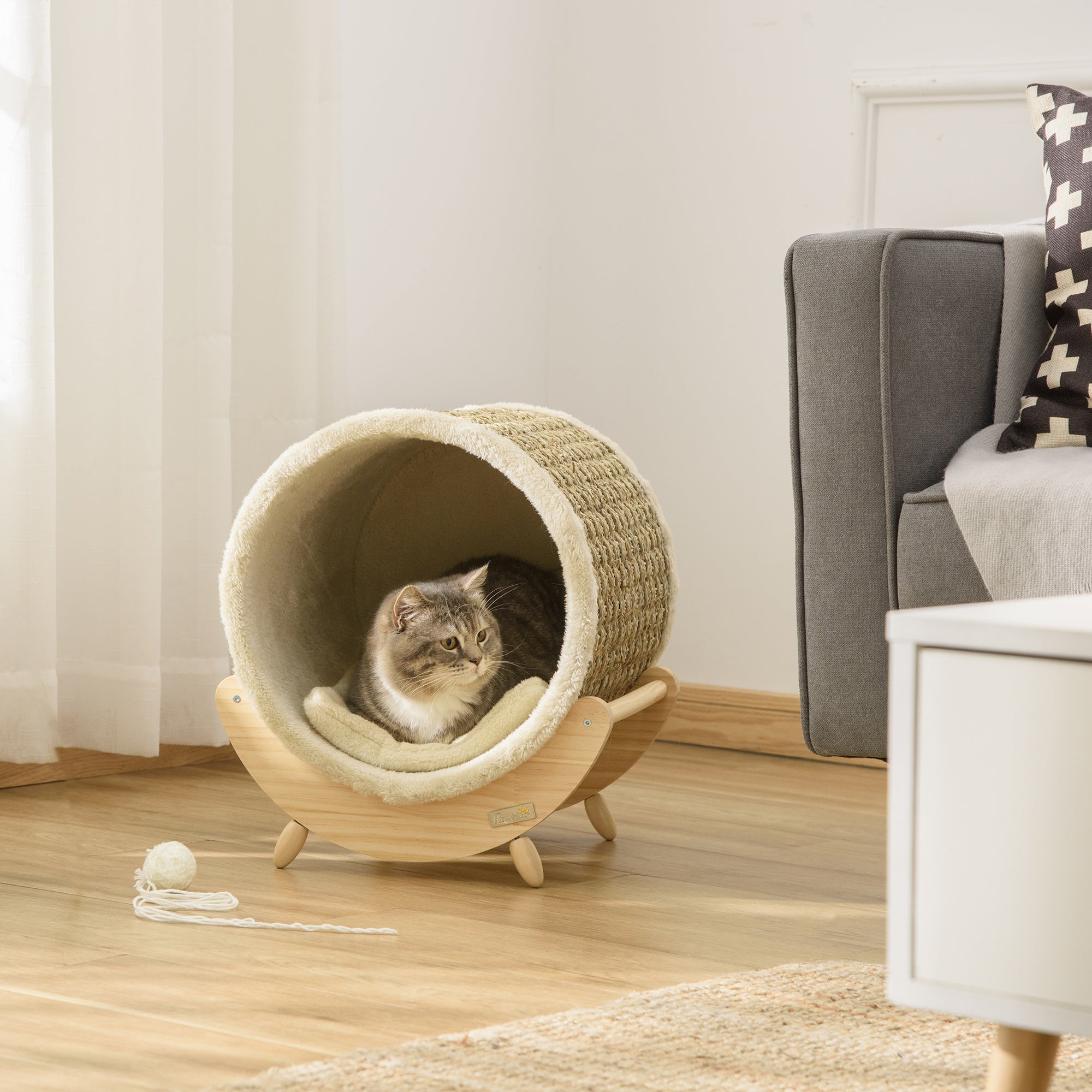 PawHut Cat Cave with Shelf Bed Scratching Pad, Pinewood Flannel, Khaki Natural & Beige