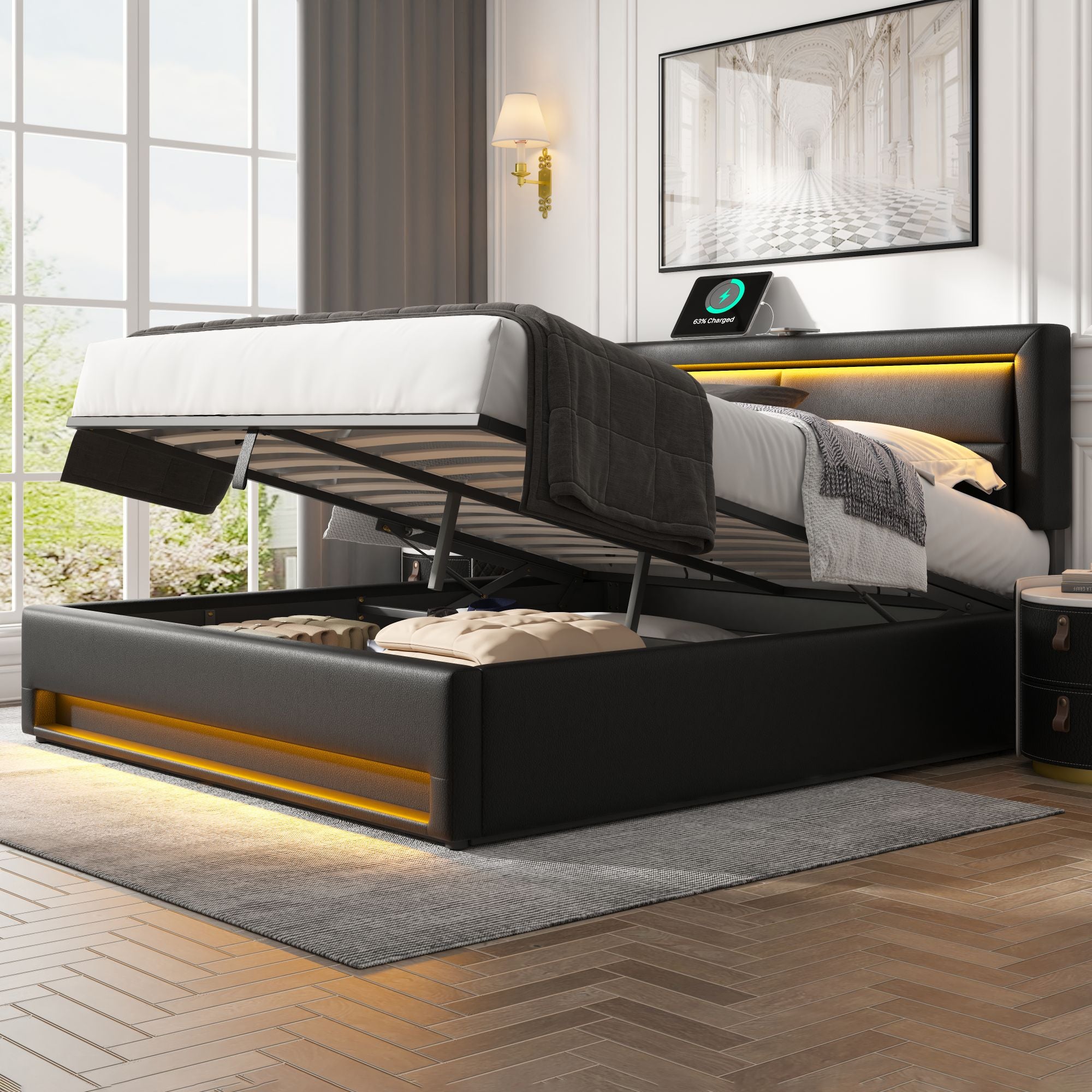 Upholstered Bed 140x200cm LED Storage USB Charging - PU Lychee Black
