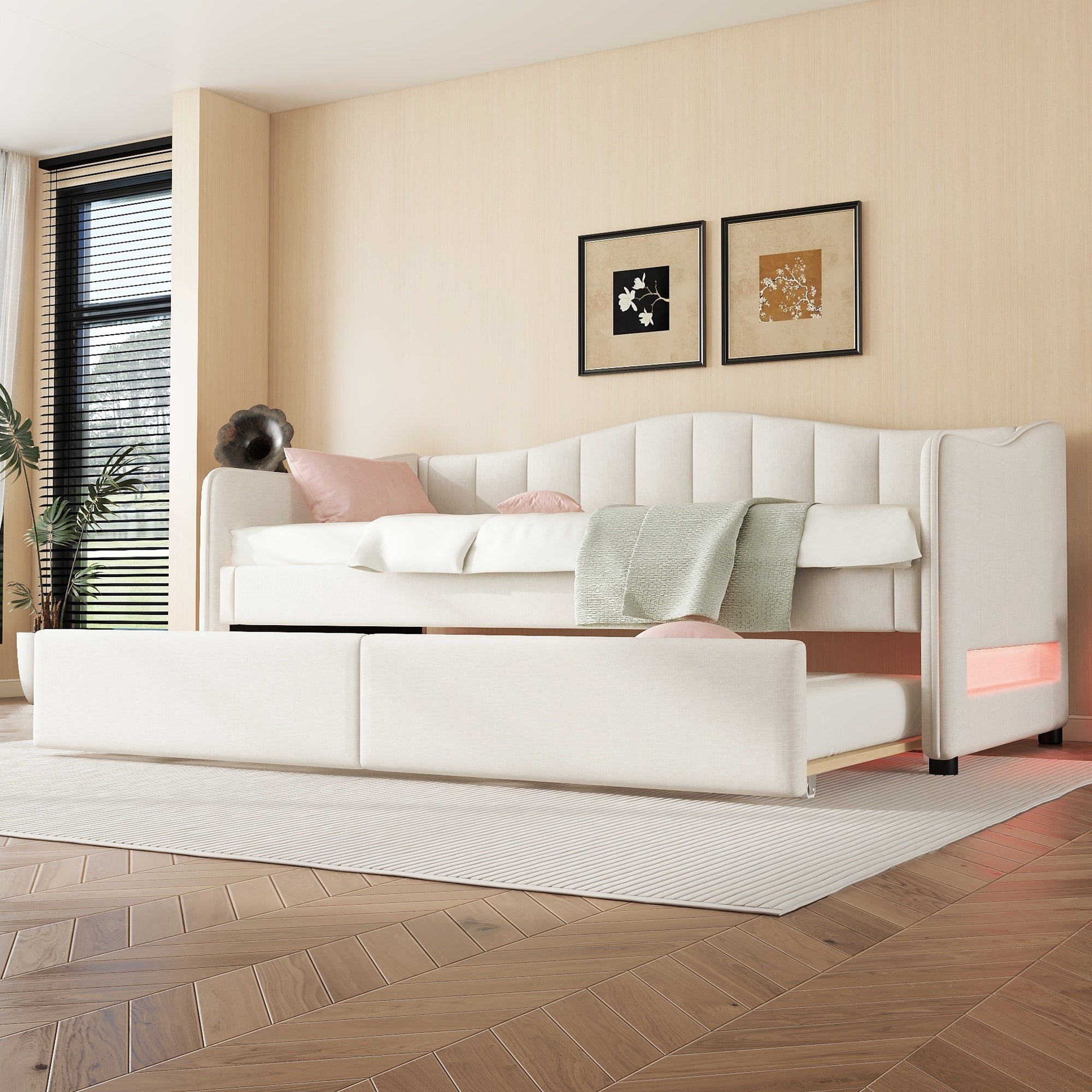 Daybed with Pull-Out Trundle Bed and LED Lighting, 90x200cm, Beige Linen