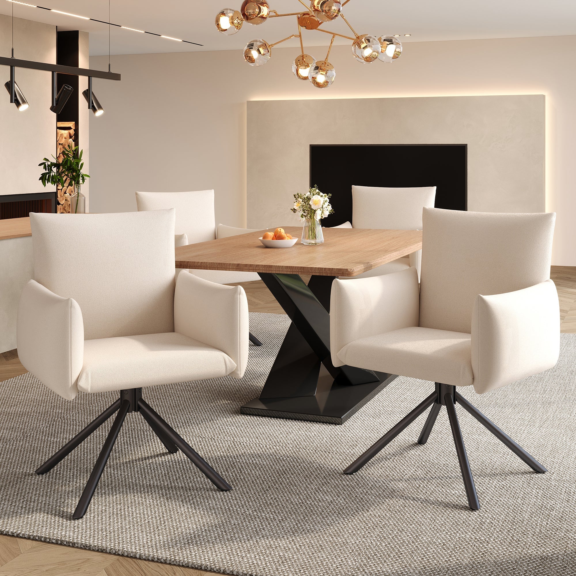 Dining Chairs Set of 6 Upholstered 360° Swivel Lumbar Support - Beige Linen