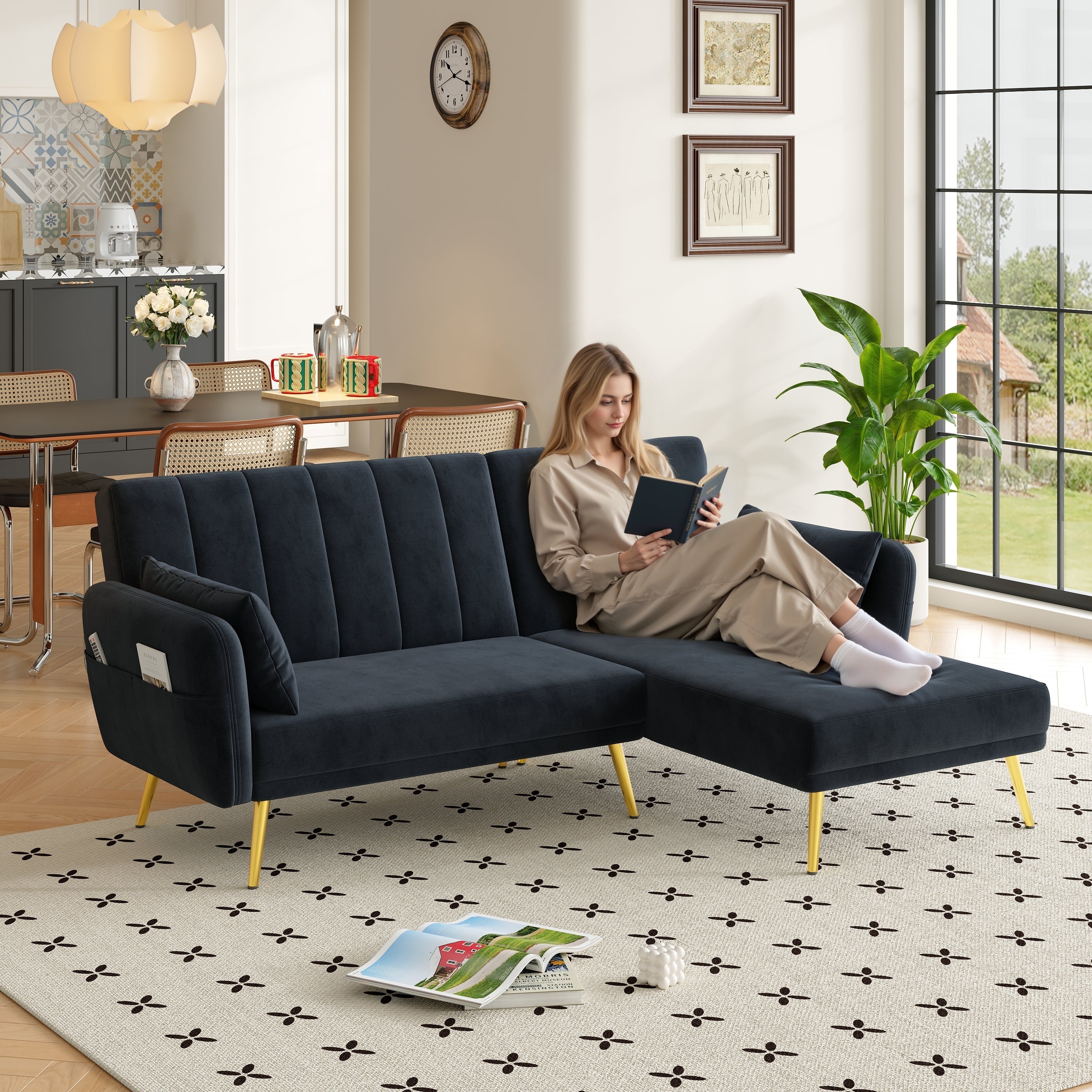Folding Sofa, Modern L-Shaped Sofa Bed with Corner, Multi-room