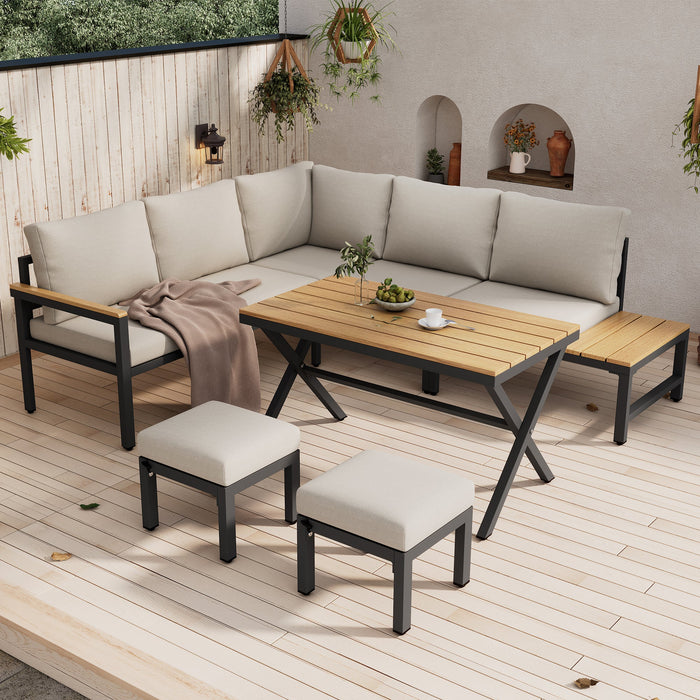 Garden Dining Furniture Set with Corner Sofa, 2 Stools and Table, Grey Galvanized Steel