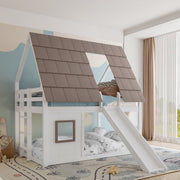 Wooden House Bunk Bed with Roof, Ladder and Slide, 140 x 200, White and Brown