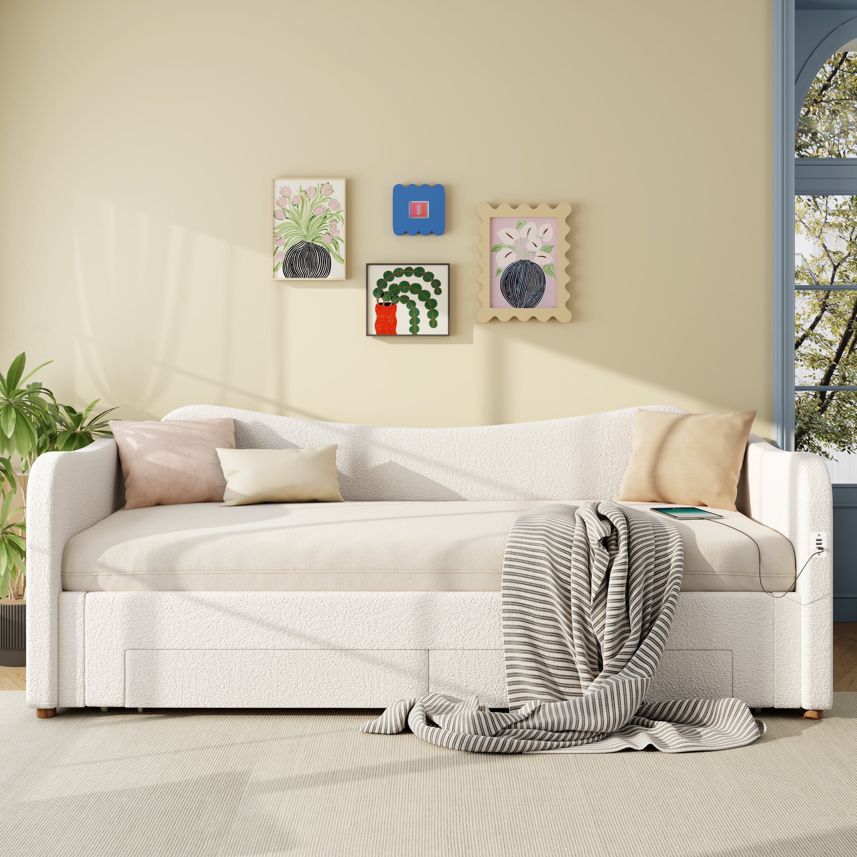 Upholstered Daybed with 2 Drawers, USB Port and Extendable Frame, 90-180x200cm, Beige Bouclé