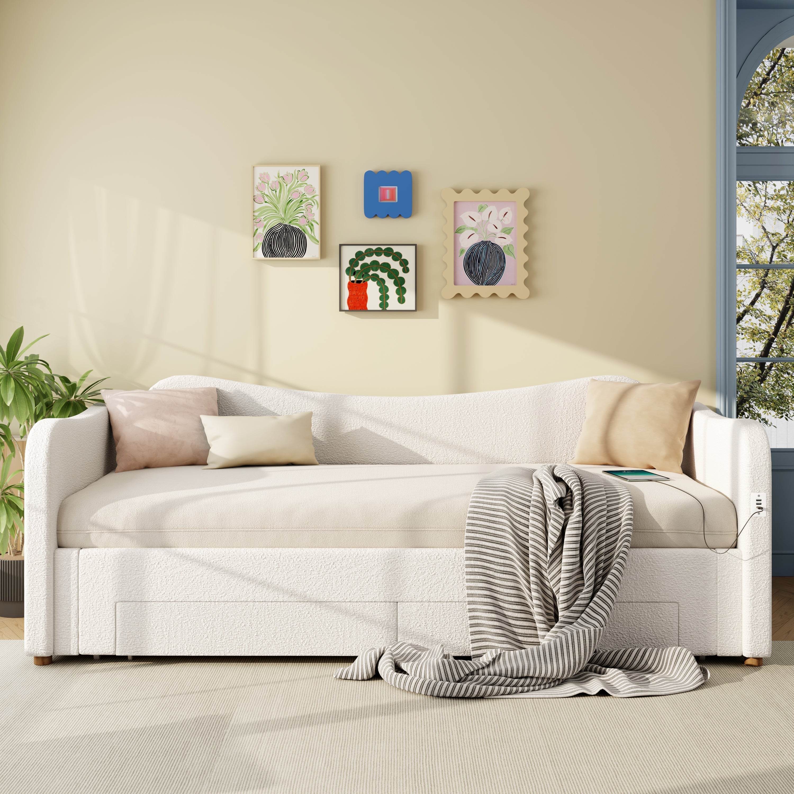 Upholstered Daybed with 2 Drawers, USB Port and Extendable Frame, 90-180x200cm, Beige Bouclé