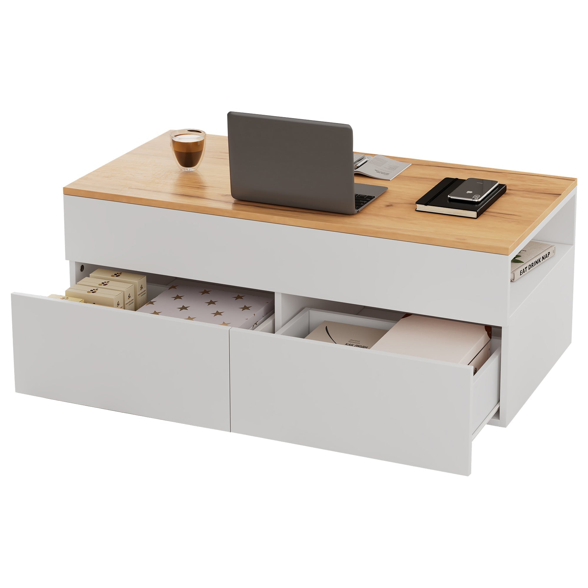 Coffee table height-adjustable with hidden storage, 2 drawers, white + wood color