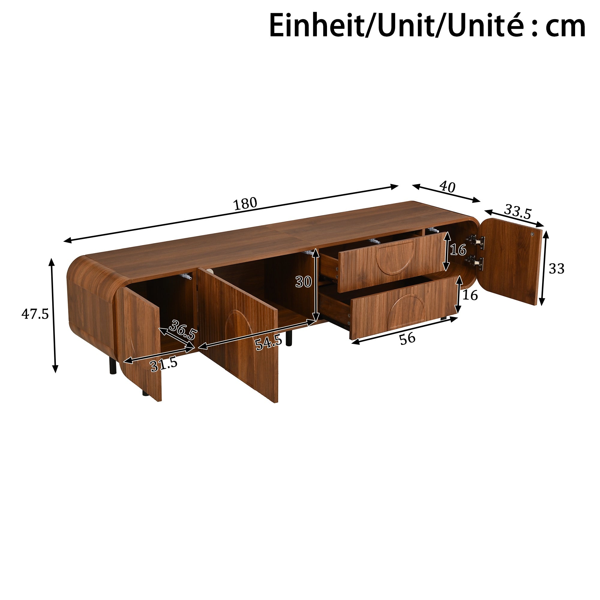TV Cabinet with 3 Doors, 2 Drawers and Vertical Grooves, Mid-Century Style with Metal Legs
