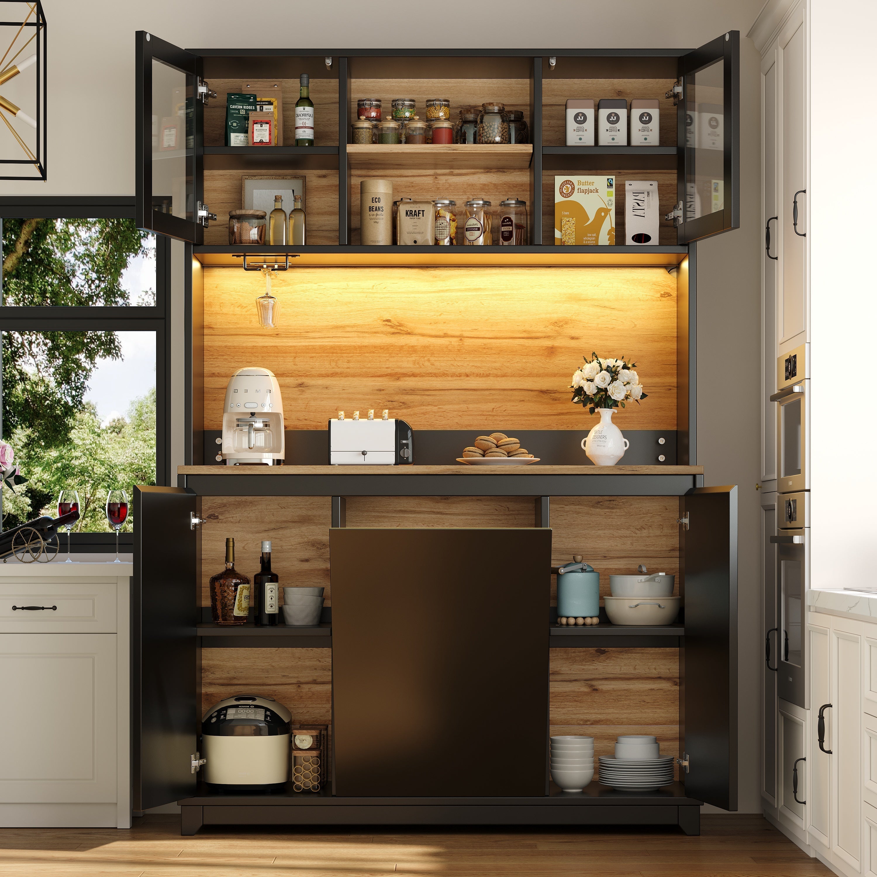 Tall Kitchen Sideboards with LED Lighting and Acrylic Doors, Black