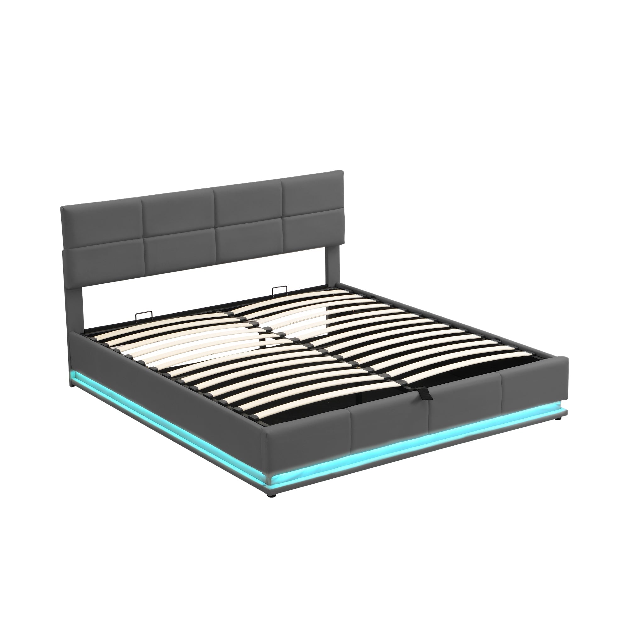 Faux Leather Bed with LED Lighting, Hydraulic Storage & Adjustable Headboard, Grey