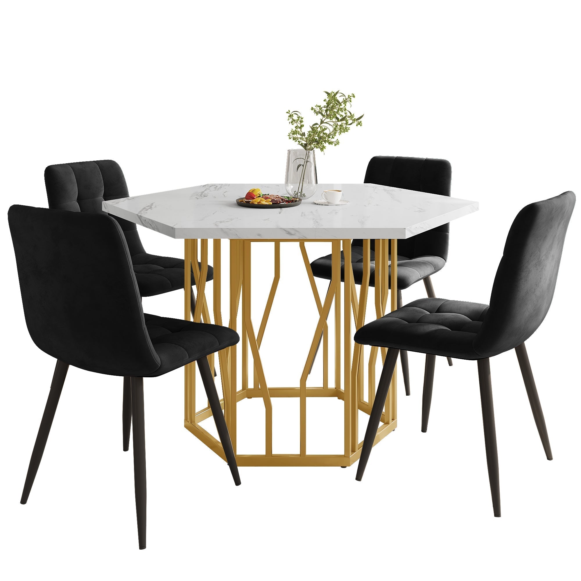5-Piece Dining Set Hexagonal Marble Table 4 Velvet Chairs Gold Legs - Black